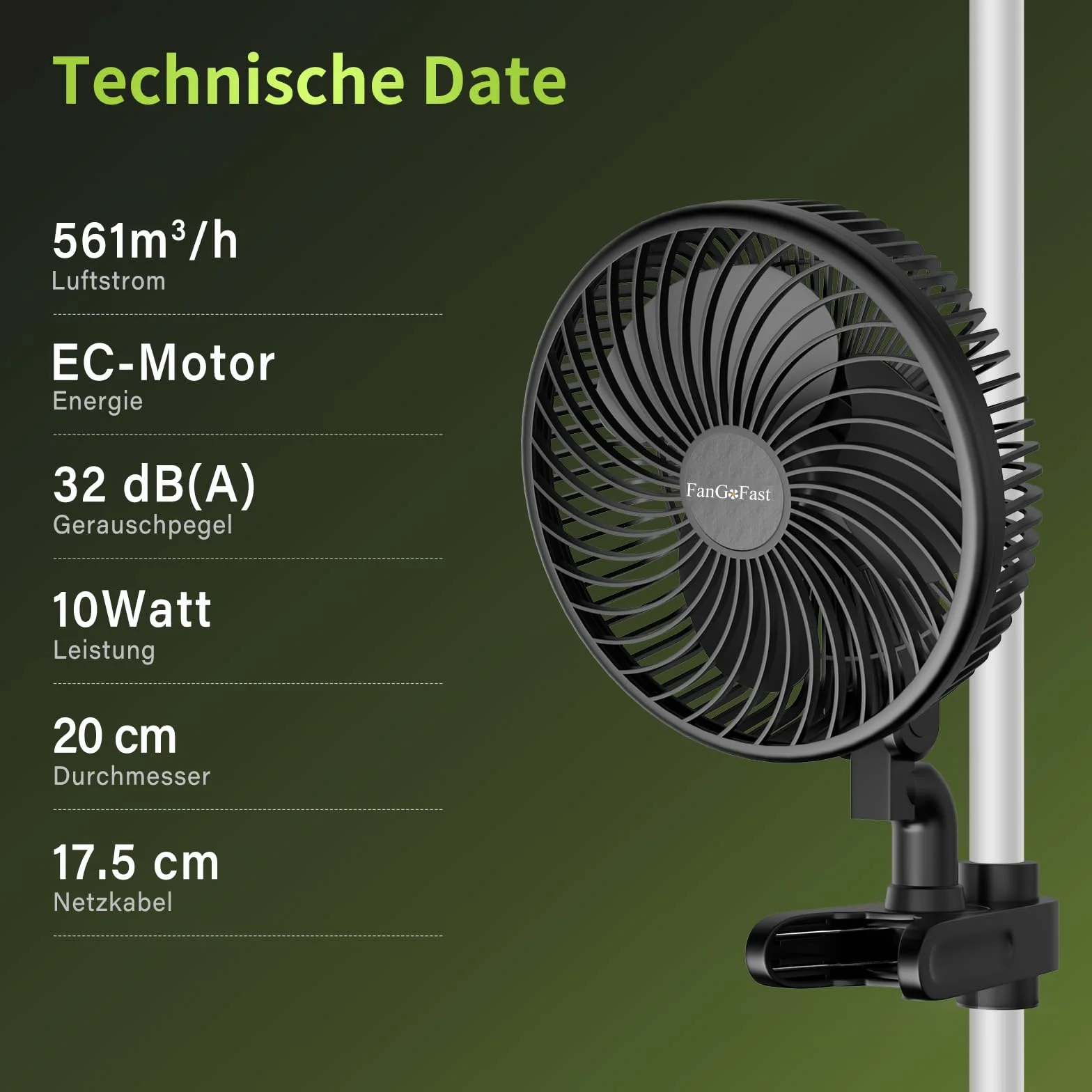 FanGoFast Wentylator Grow z klipsem, silnik EC, automatyczna oscylacja, 10 prędkości, oscylujący, z zaciskiem do namiotu uprawnego