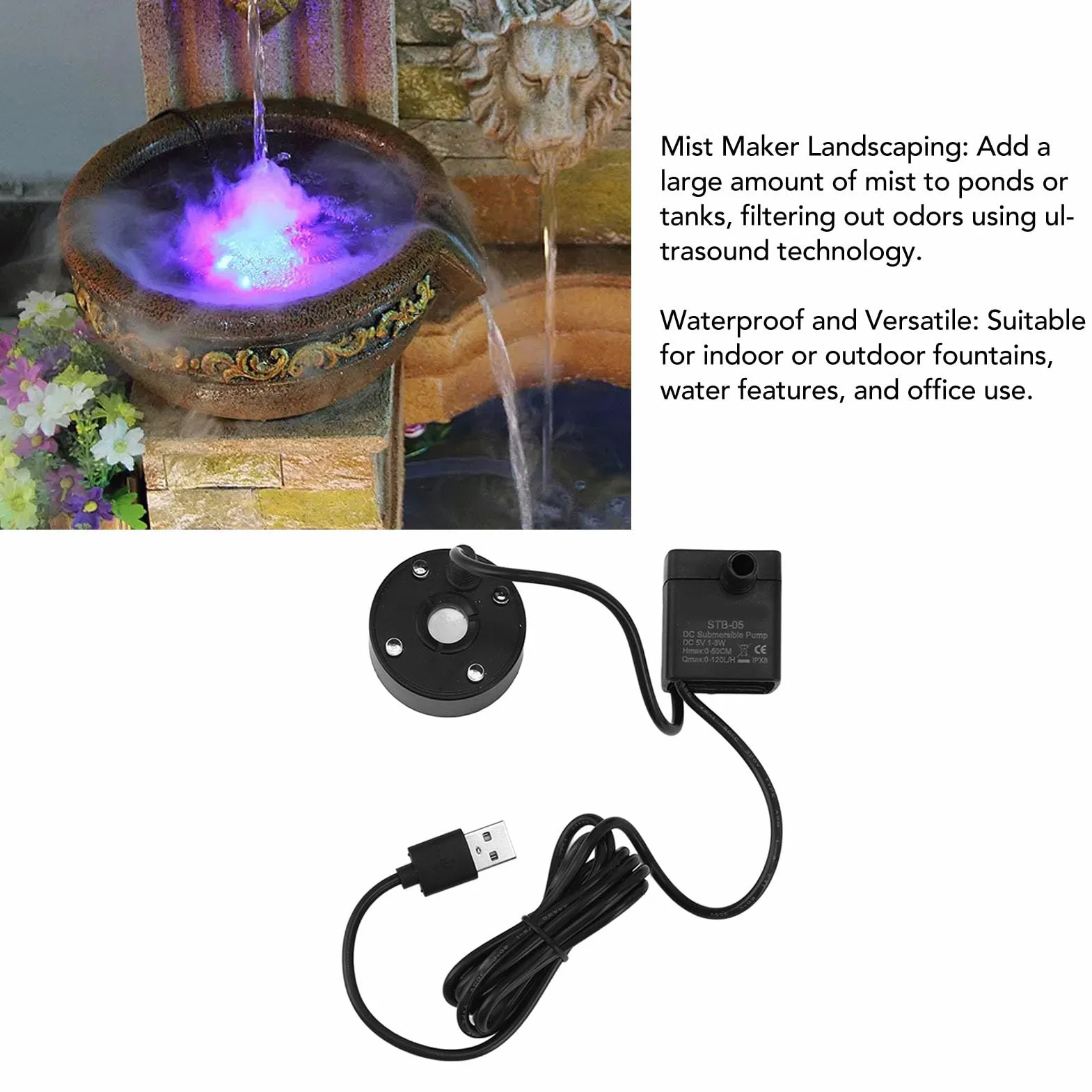 Mist Maker USB Mgła Pompa LED Kolorowe Oświetlenie Fontanna Atomizer Nawilżacz 5V Mgła Maszyna do Stawu Ogrodowego (BLACK)