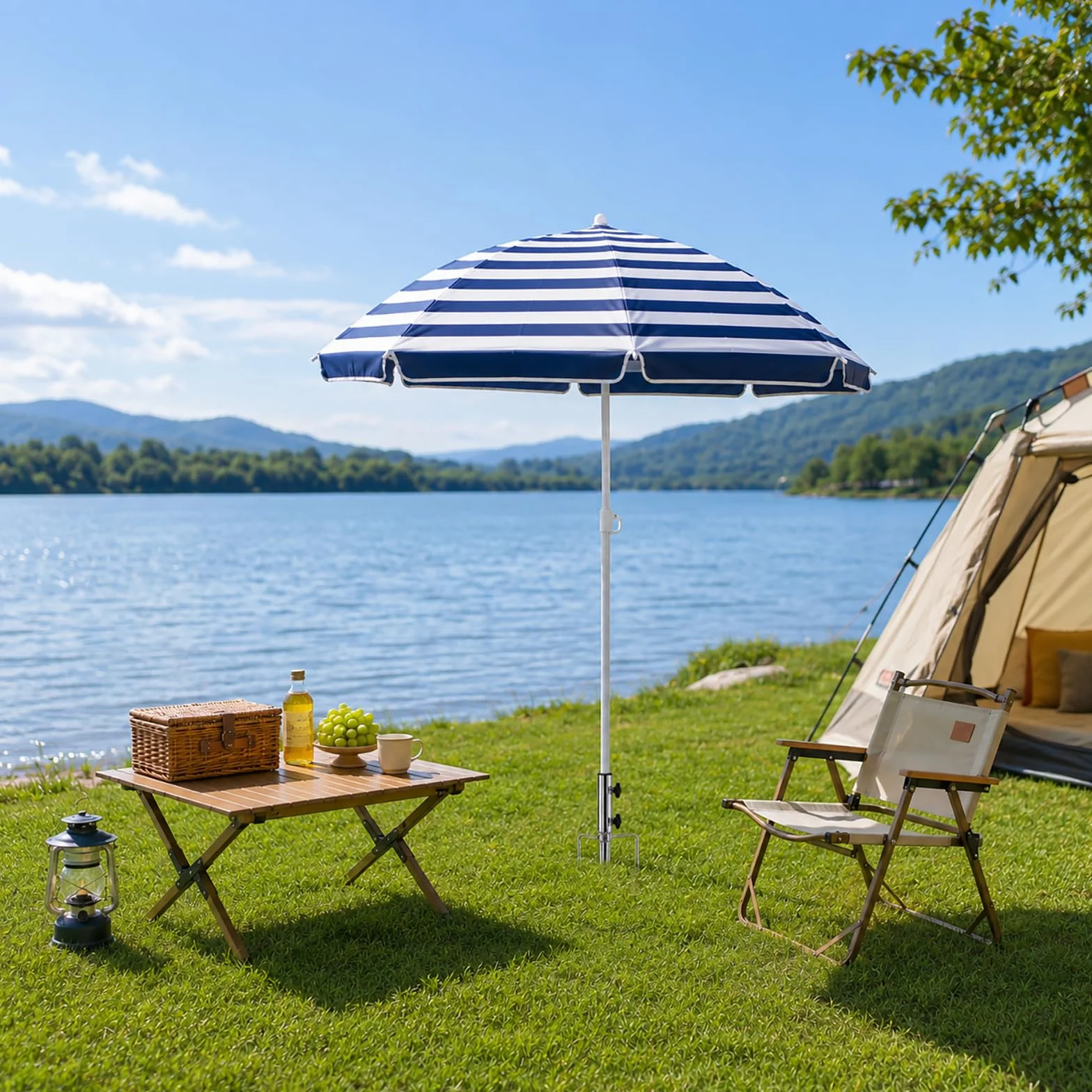 Stojak na parasol – demontowalny, wytrzymały metalowy stojak z kotwicą do ziemi i szpilkami do trawy, odpowiedni na plażę, do ogrodu, na trawnik, na ryby i do parasoli ogrodowych