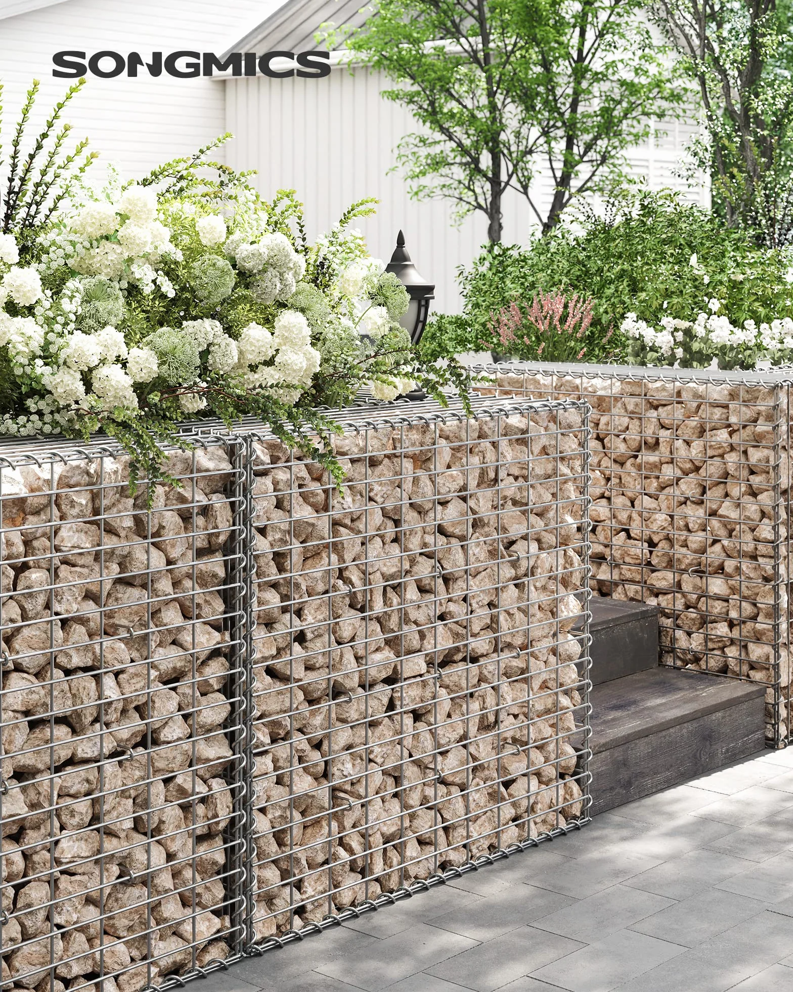 SONGMICS Gabion, kosz kamienny, kosz gabionowy, ogrodzenie z drutu, z siatką o małych oczkach 5 x 10 cm, wykonany ze stali ocynkowanej, 100 x 90 x 30 cm, ściana roślinna, srebrny GGB193