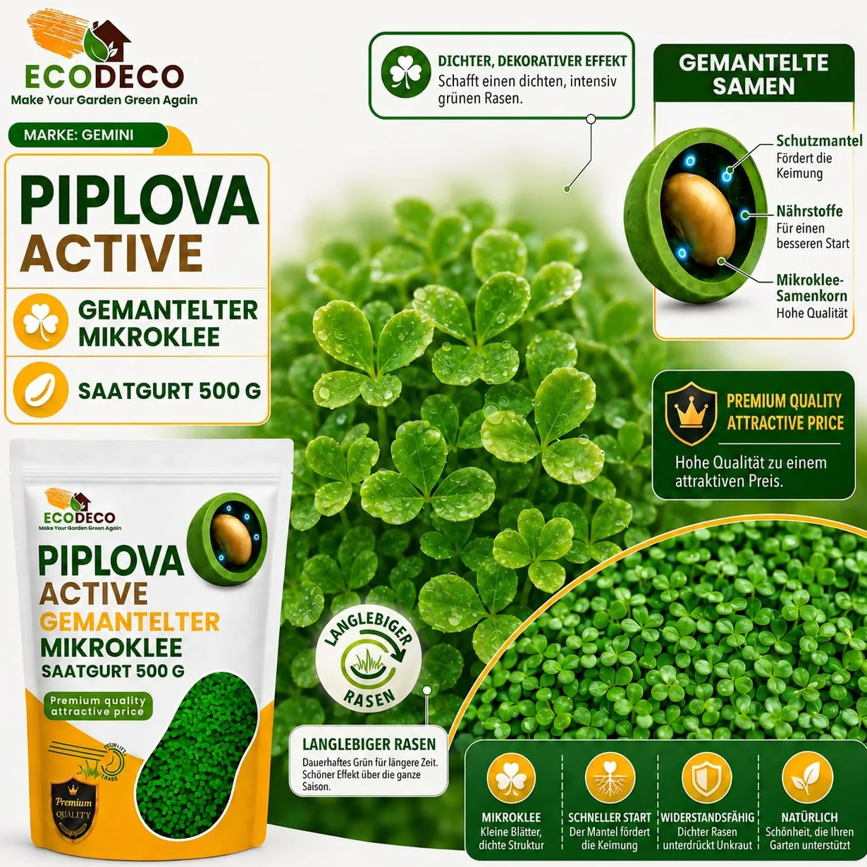 ECODECO Mikrokoniczyna 500 g – biała koniczyna powlekana na trawnik – nasiona mikrokoniczyny 200 m²