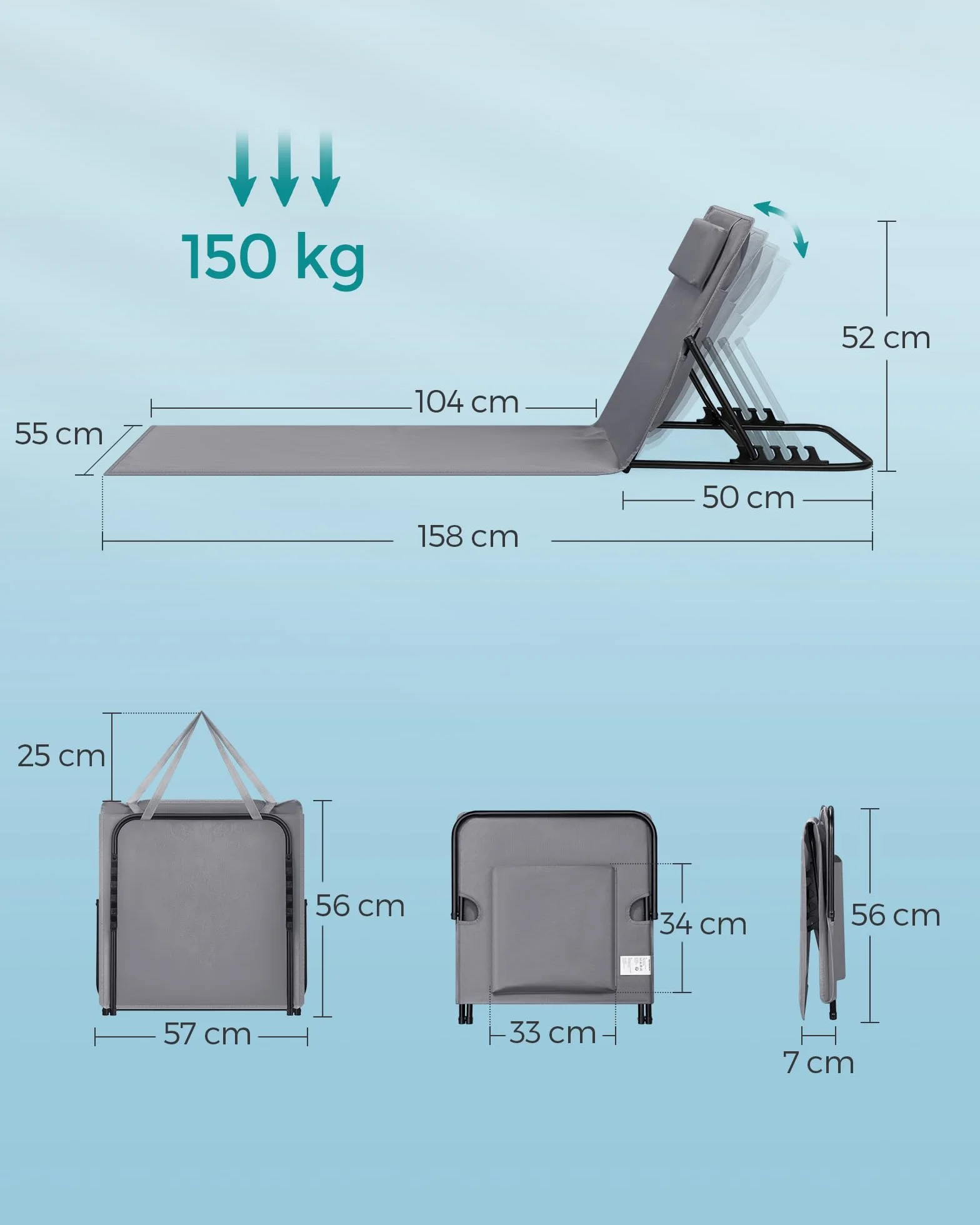 SONGMICS Krzesło plażowe Krzesło kempingowe Leżak plażowy Składane regulowane oparcie Lekki przenośny z uchwytem do basenu kempingowego ogrodowego 158 x 55 cm Łupkowoszary GCB151G01