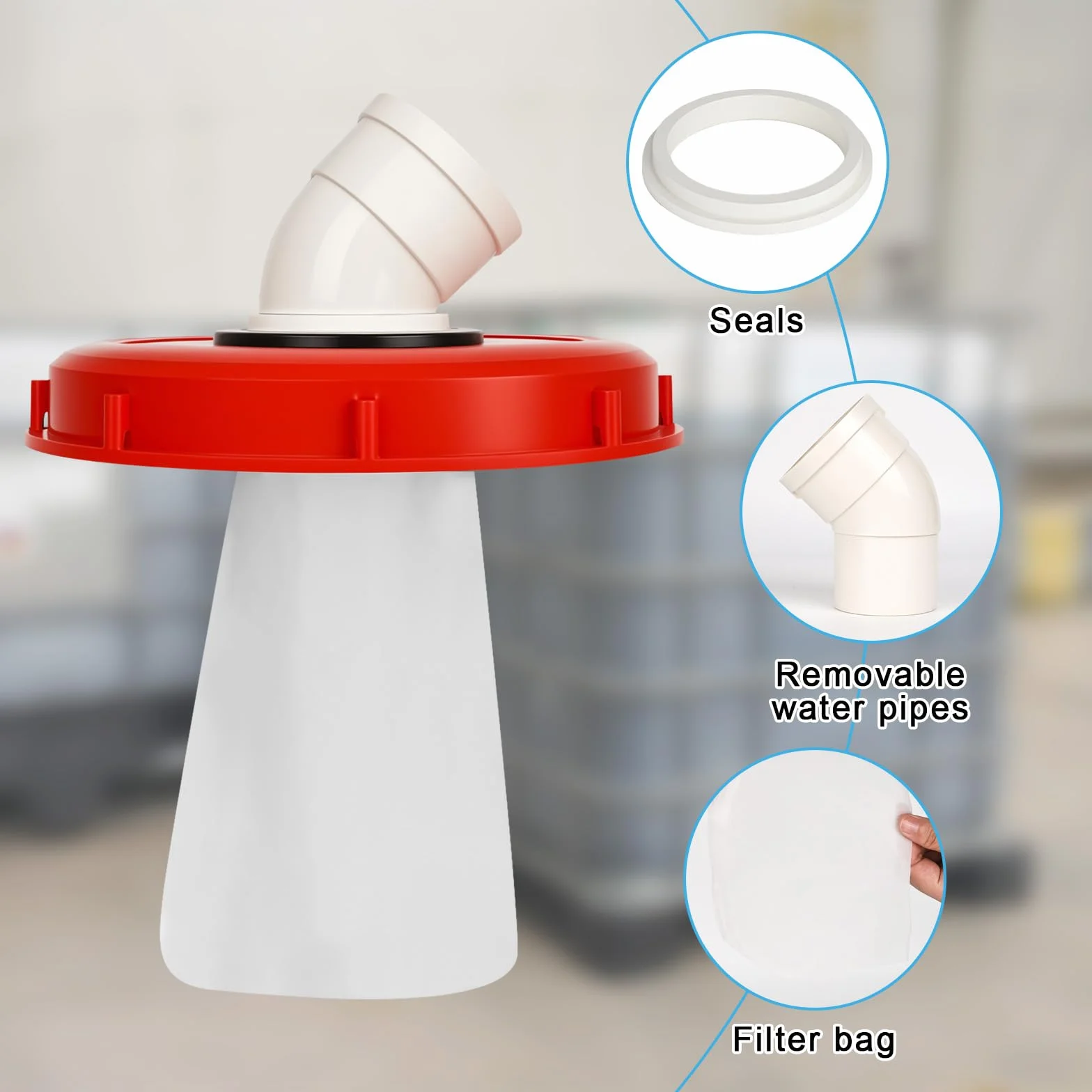 IBC filtr pokrywki 45°, pokrywa IBC, pokrywa zbiornika 245 mm, filtr wody deszczowej, nylonowy, zmywalny, z pokrywką, łukiem, akcesoria do zbiornika na wodę