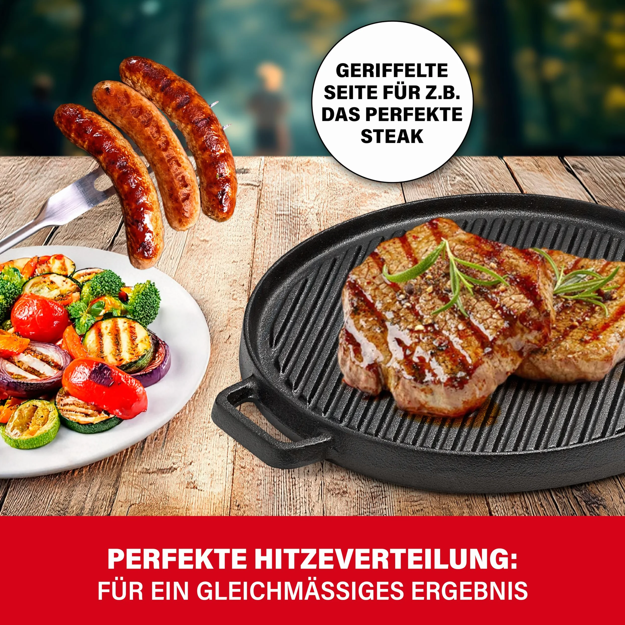 BBQ Boss Żeliwna płyta grillowa [2 w 1], ruszt do grillowania, okrągła płyta do grilla, dwustronna, do grilla i piekarnika, Ø 29,5