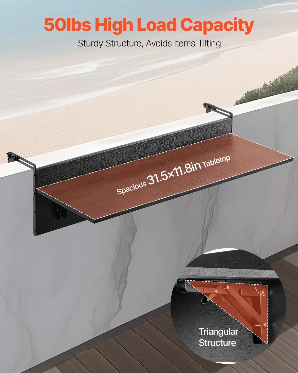 VEVOR Wiszący stół balkonowy, 30 x 81 cm, składany stół balkonowy, obciążenie 22,7 kg, pasuje do balustrady od 2,5 cm do 15 cm, do serwowania na patio i taras