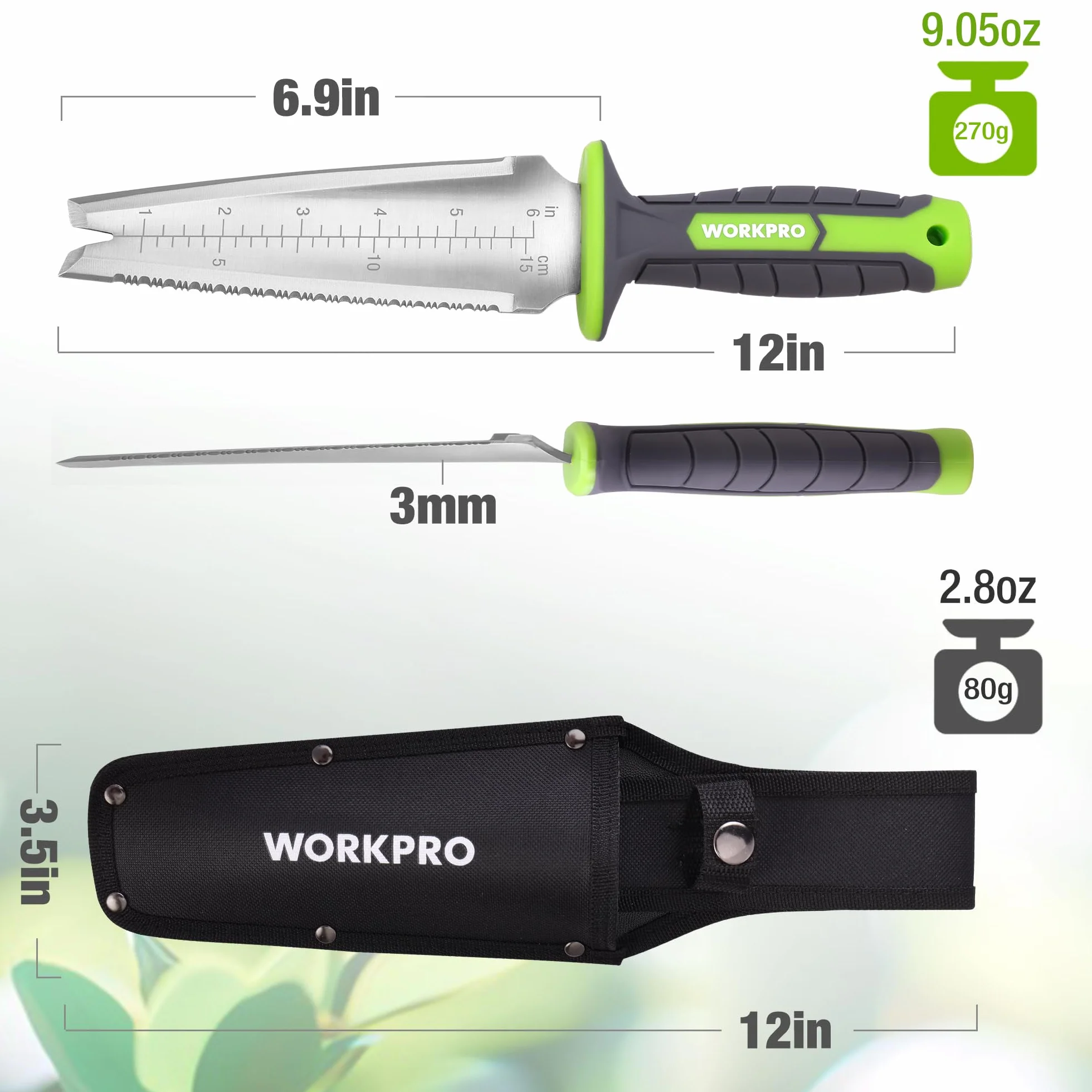WORKPRO Kielnia ogrodowa z końcówką w kształcie litery V, łopatka ręczna 30 cm z otworem do zawieszenia, konstrukcja z podwójną krawędzią, wielofunkcyjne narzędzie do usuwania chwastów z osłoną Oxford
