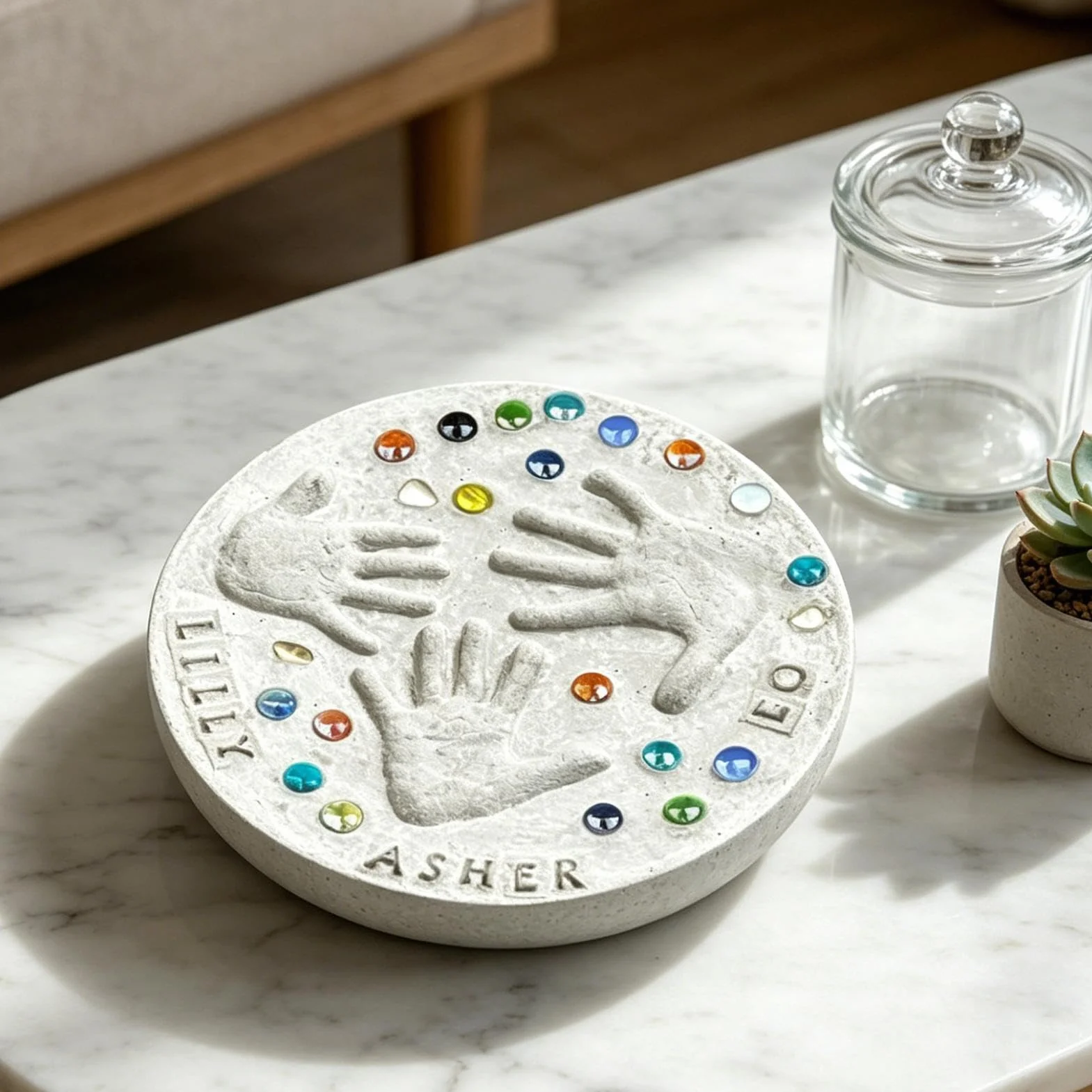 Handprint Stepping Stone Kit - DIY Garden Keepsake Craft Set | Cement Mold with Imprint Tools and Decorative Mosaic Pieces, Personalized Outdoor Memory Stone for Backyard Patio