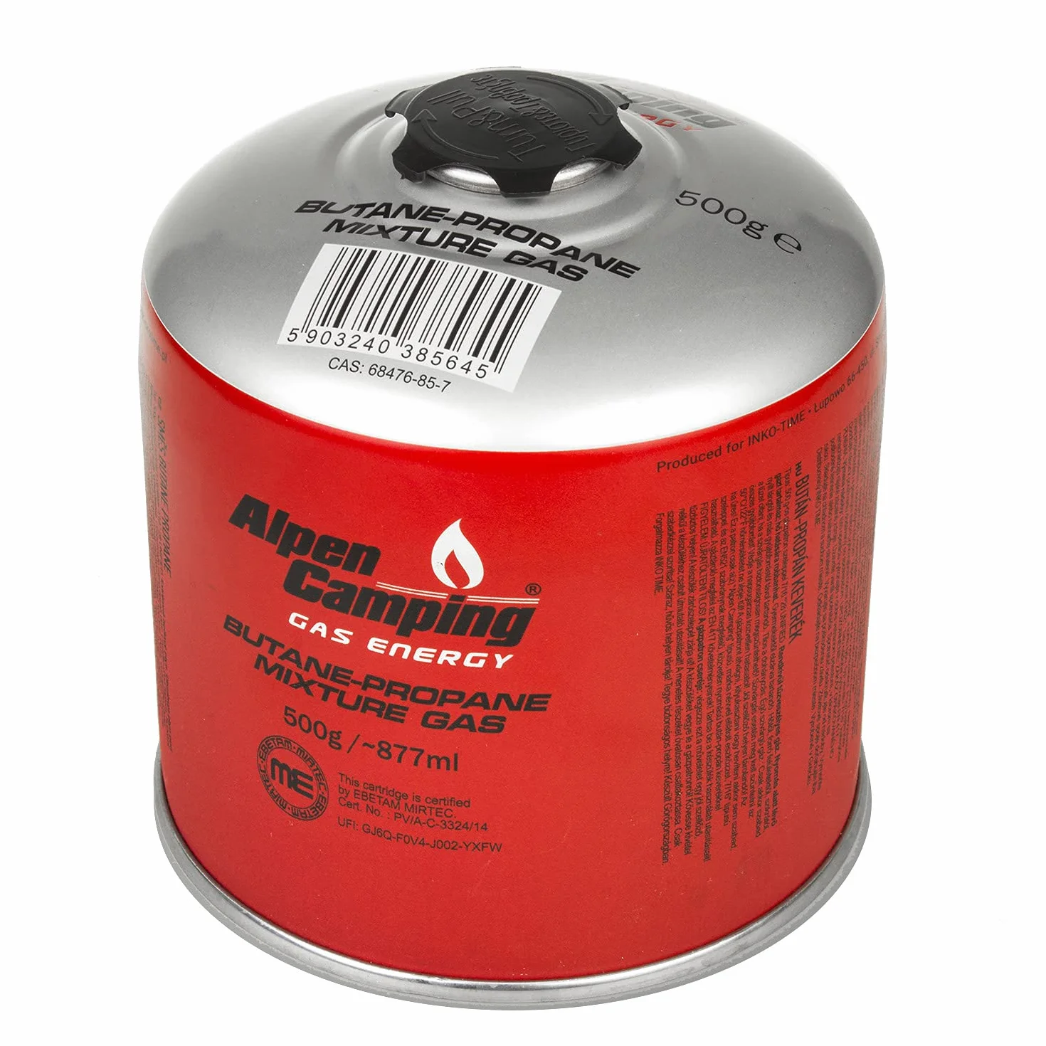 Alpen Camping IK008 6 x 877 ml / 500 g kartusze gazowe z propan-butanem z przyłączem 7/16" do kuchenek gazowych, kuchenek kempingowych, palników lutowniczych Bunsena, EN417 (6)
