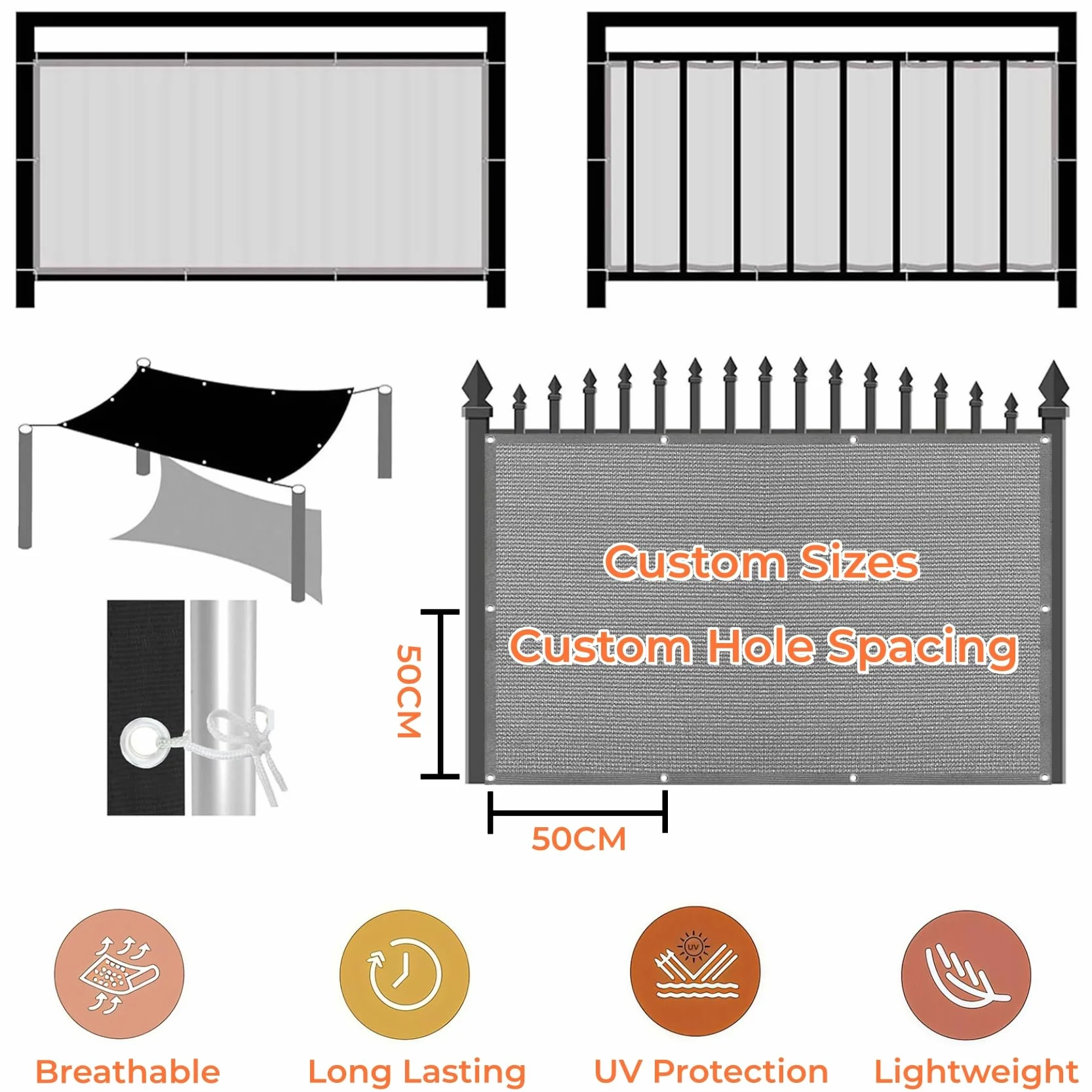 Siatka Ochronna Na Balkon 100 x 100 cm Ochrona Przed Promieniowaniem UV Ogrodzenie Ochronne Na Patio Zabezpieczająca Przed Podglądaniem Na Balkon, Balustradę, Jasny szary