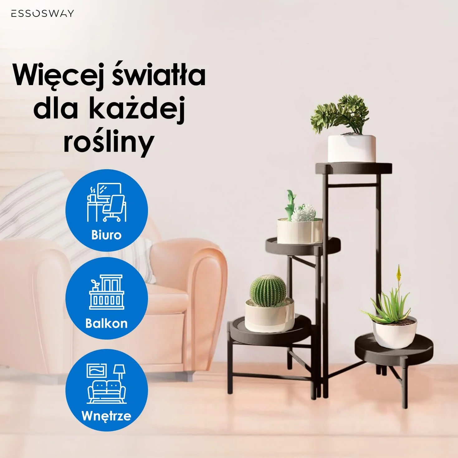 Metalowy Kwietnik Stojący 4-poziomowy 63 cm Czarny Stojak na Rośliny