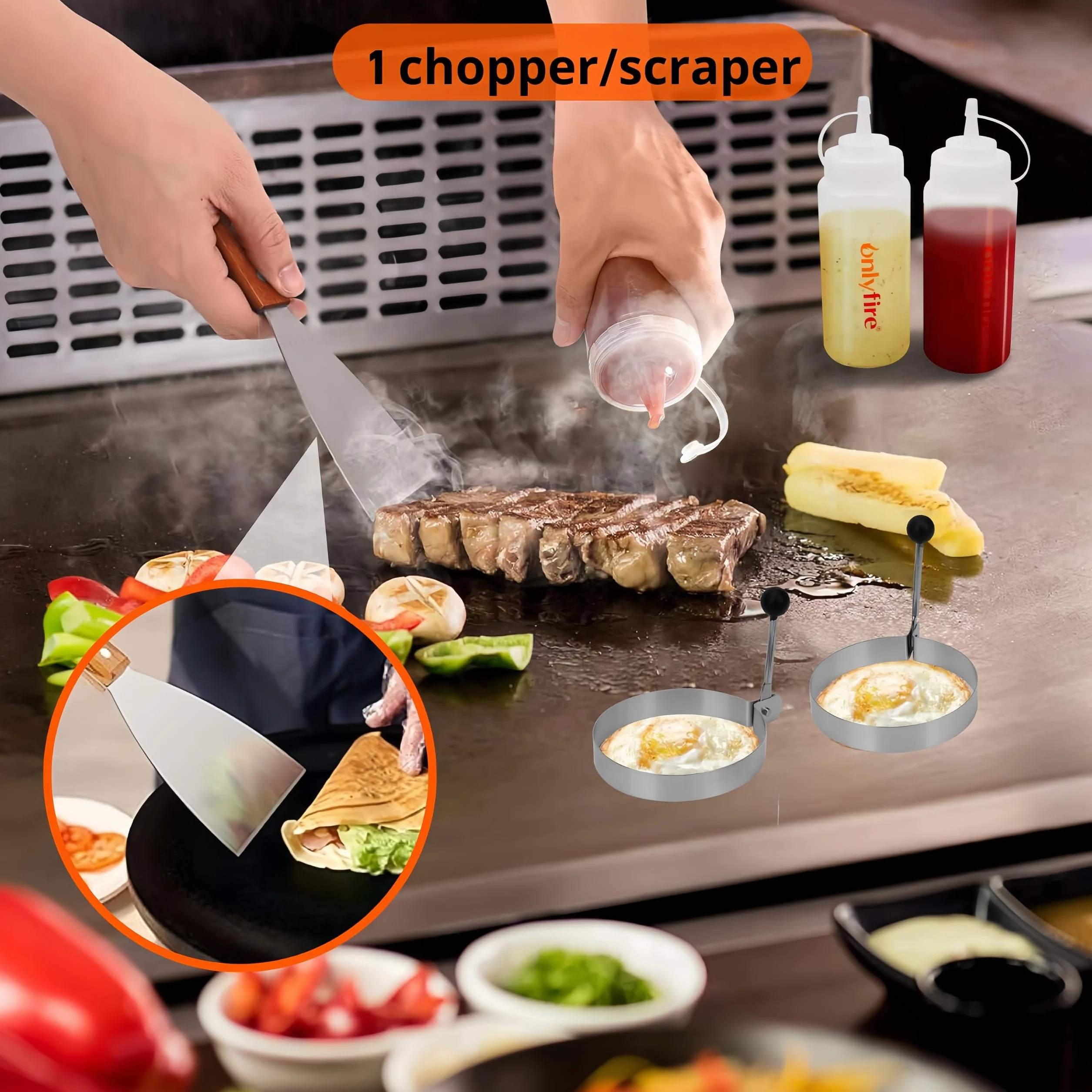 Onlyfire FPA-5117 9-częściowy zestaw akcesoriów do grilla Plancha ze stali nierdzewnej, z dzwonkiem do ciepła, łopatką do patelni, szczypcami do grilla, butelkami natryskowymi, foremkami do jajek