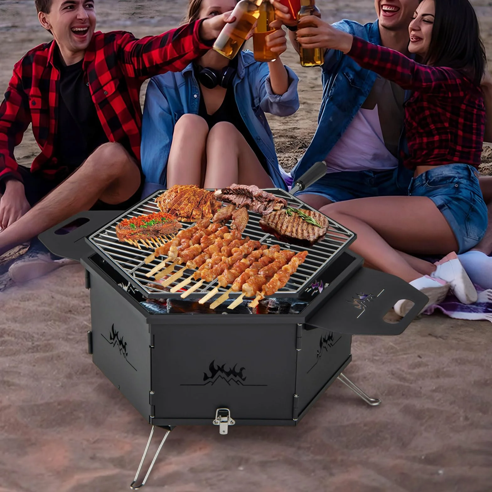 COSTWAY Duży grill na węgiel drzewny, obracany 360°, palenisko 2 w 1, składany, kempingowy, 77x74x38 cm
