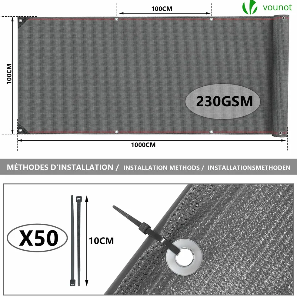 VOUNOT Siatka maskująca 1 x 10 m, siatka zacieniająca HDPE, 230 g/m², 95% zacienienia, odporna na promieniowanie UV, odporna na rozdarcie, ogrodzenie z otworami i opaskami kablowymi, szara
