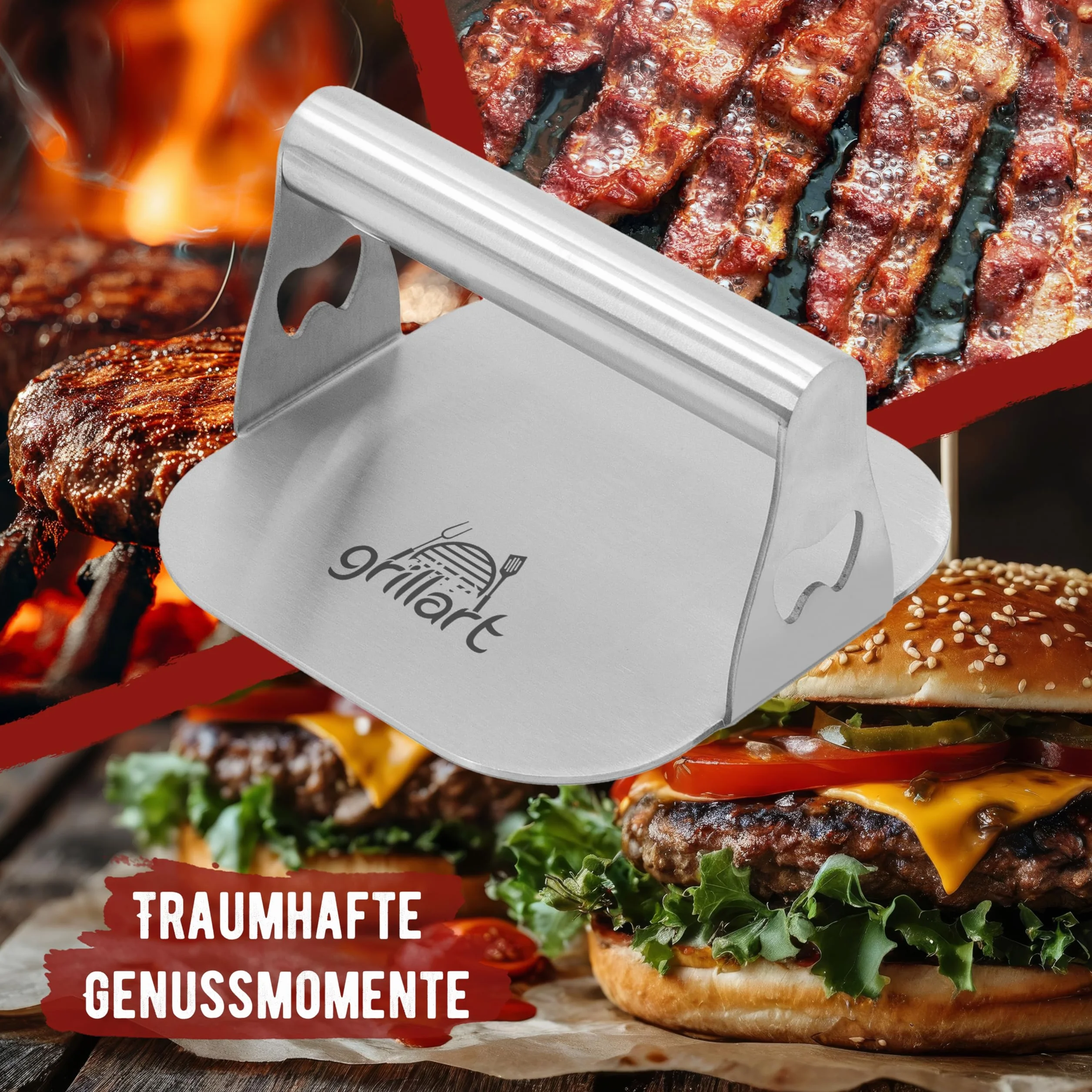 grillart® Premium prasa do burgerów z wysokiej jakości stali nierdzewnej na burgery typu smashed, w zestawie z 30 szt. papieru do burgerów – prasa do burgerów do użytku na planczy i teppanyaki – prasa