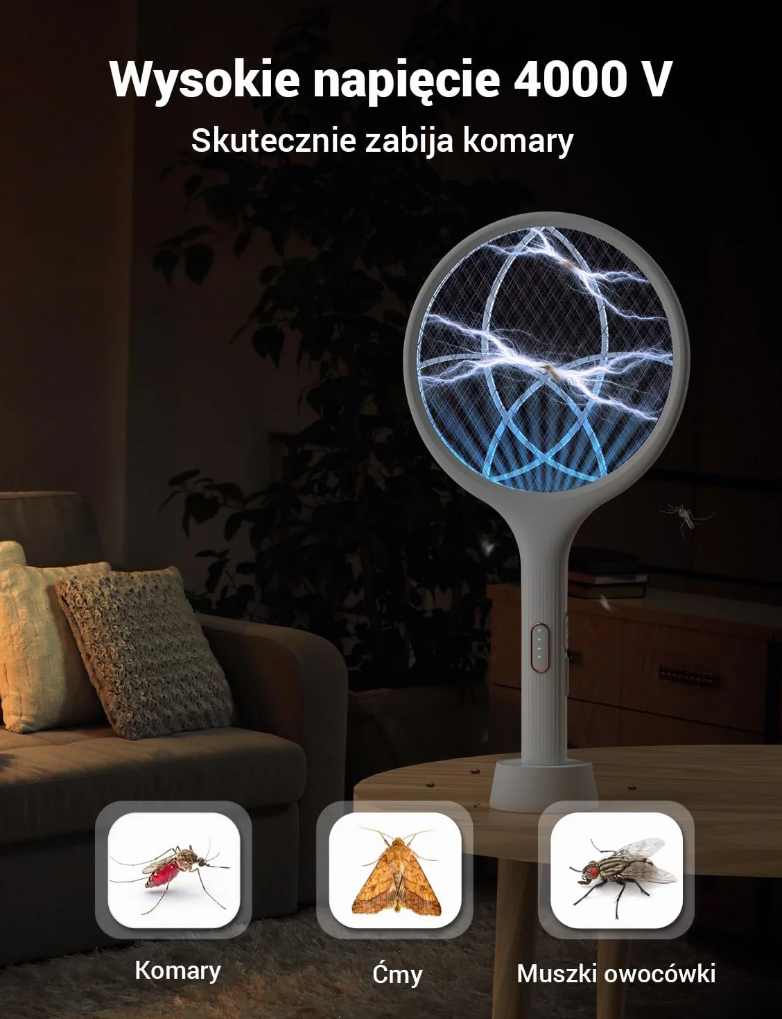YISSVIC Elektryczna łapka na komary Extra Strong 4000 V 2 w 1 USB C z akumulatorem Akumulatorowa ze stabilną podstawą pułapką na światło UV Przeciw komarom Muchom Biały