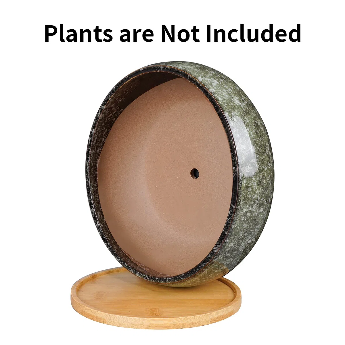 Ceramiczna doniczka bonsai, glazurowana płytka doniczka na sukulenty z otworem drenażowym i bambusowym spodkiem do roślin domowych, zielona