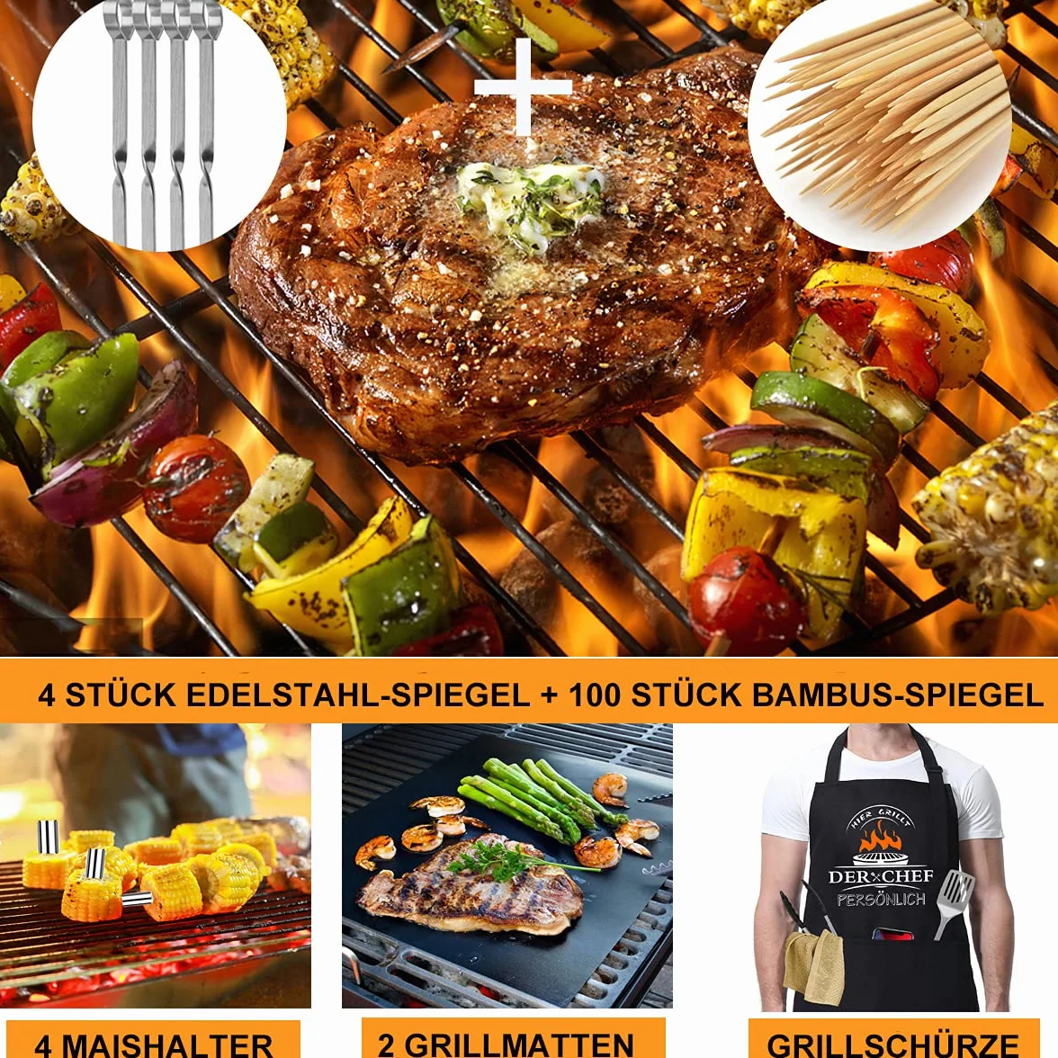 MUJUZE 21 szt. akcesoriów do grillowania, bardzo gruby zestaw do grillowania ze stali nierdzewnej, zestaw do grillowania z fartuchem, idealny na Dzień Ojca, urodziny, Boże Narodzenie i nie tylko