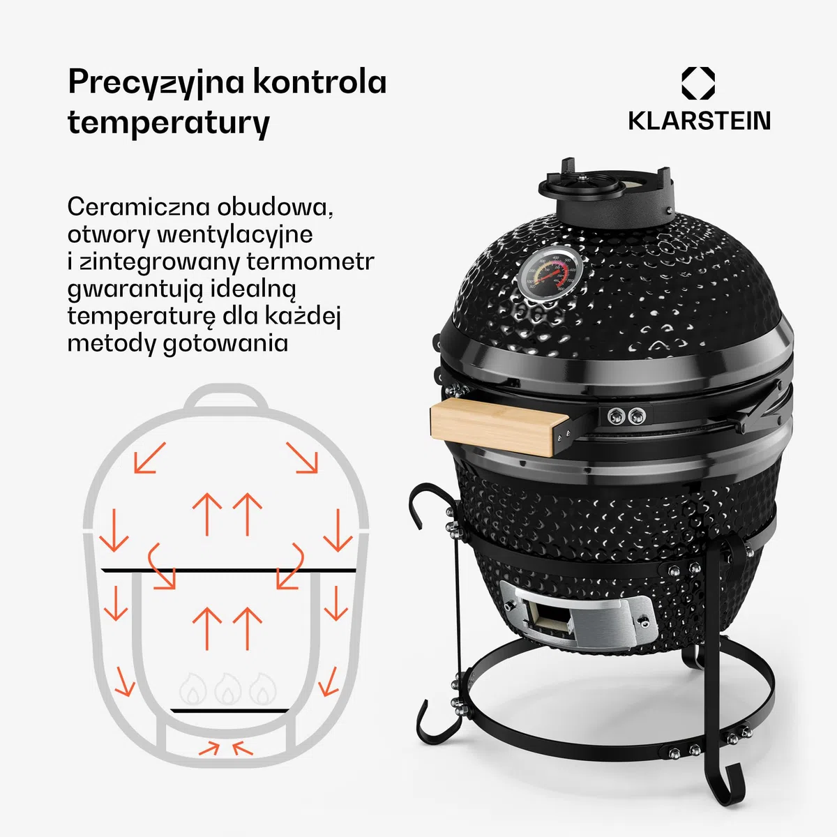 Klarstein Princesize grill Kamado, ceramiczny grill na węgiel drzewny, z pokrywką, ceramika, dobre magazynowanie ciepła, termometr wewnętrzny, drewniany uchwyt, zdejmowany stelaż, czarny