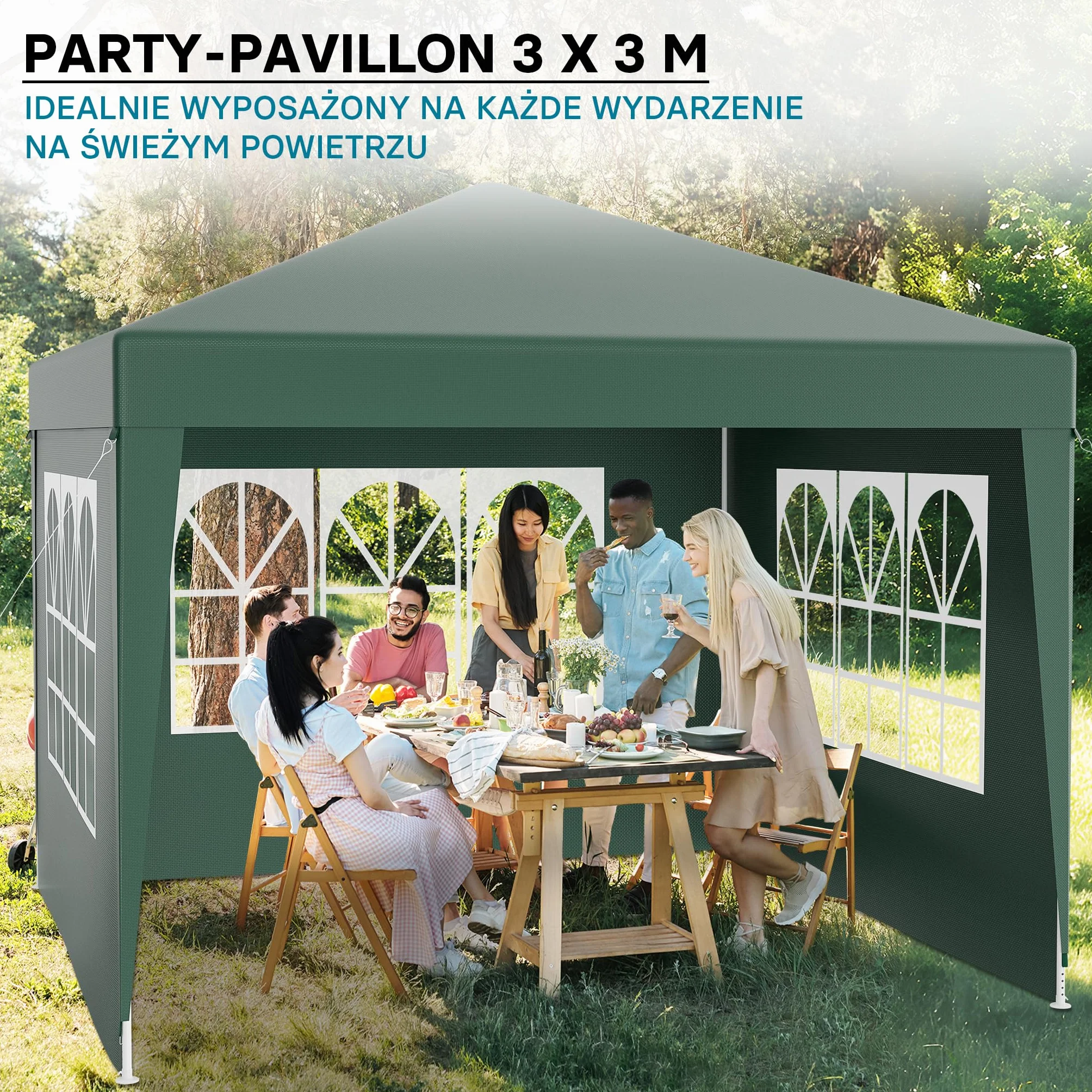Wiltec Pawilon 3 x 3 m w kolorze zielonym z ochroną UV 50+, altana ogrodowa ze zdejmowanymi bokami, namiot imprezowy z oknami, np. na taras i festiwale