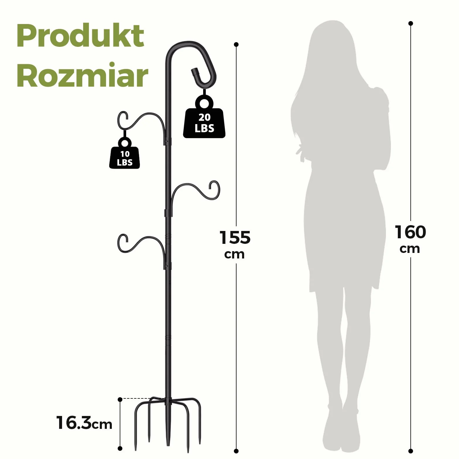 Bamworld Shepherds Crook, haczyki ogrodowe, 155 cm, akcesoria ogrodowe, regulowana wysokość, karmnik dla ptaków, wiszący drążek z 5 bolcami, wytrzymały metalowy stojak na latarnie, kosze na rośliny i