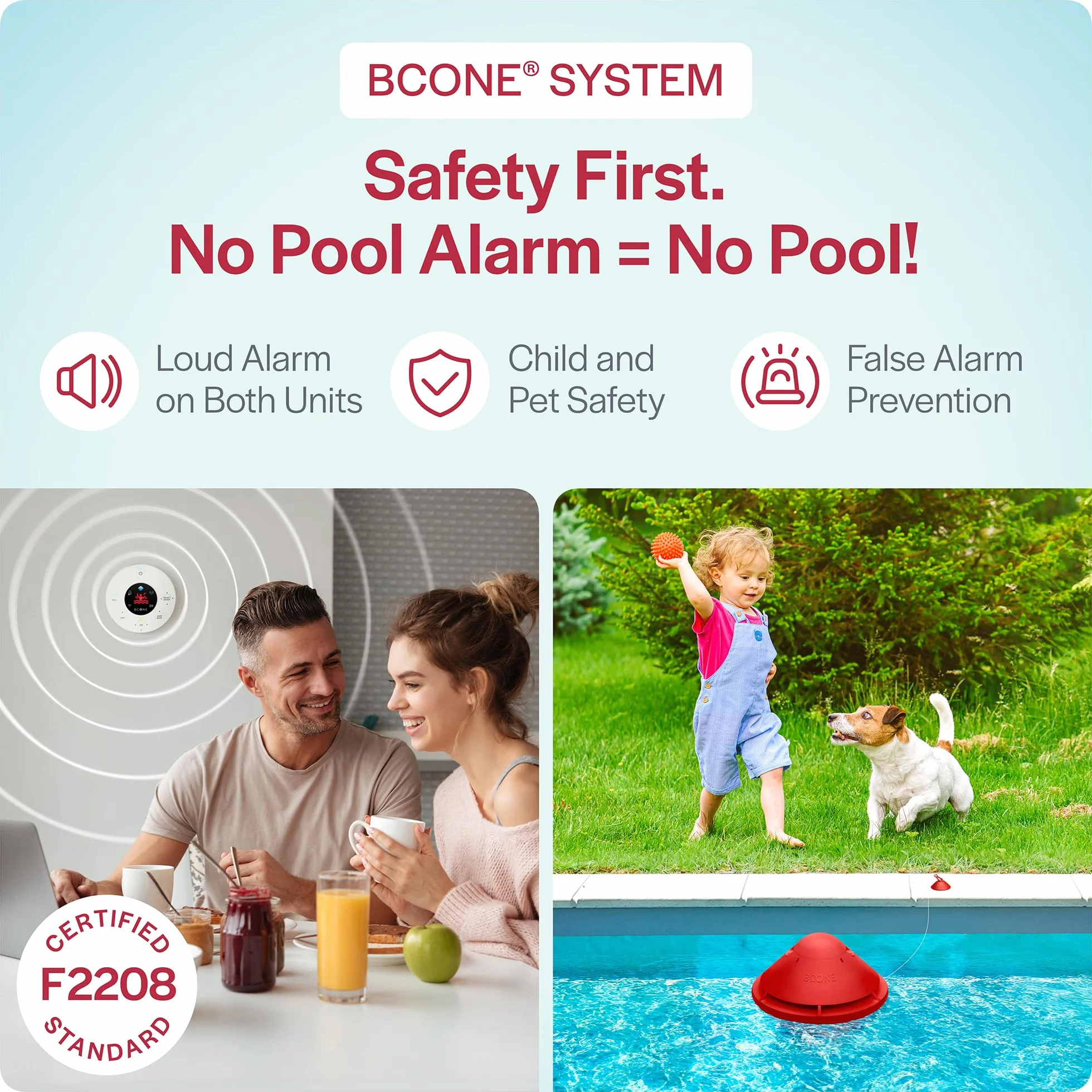 BCONE Alarm bezpieczeństwa basenu, alarm pływający z syreną i aplikacją, inteligentny system z Alexa, wykrywanie upadku w wodzie, ochrona dla dzieci i zwierząt domowych, łatwa instalacja