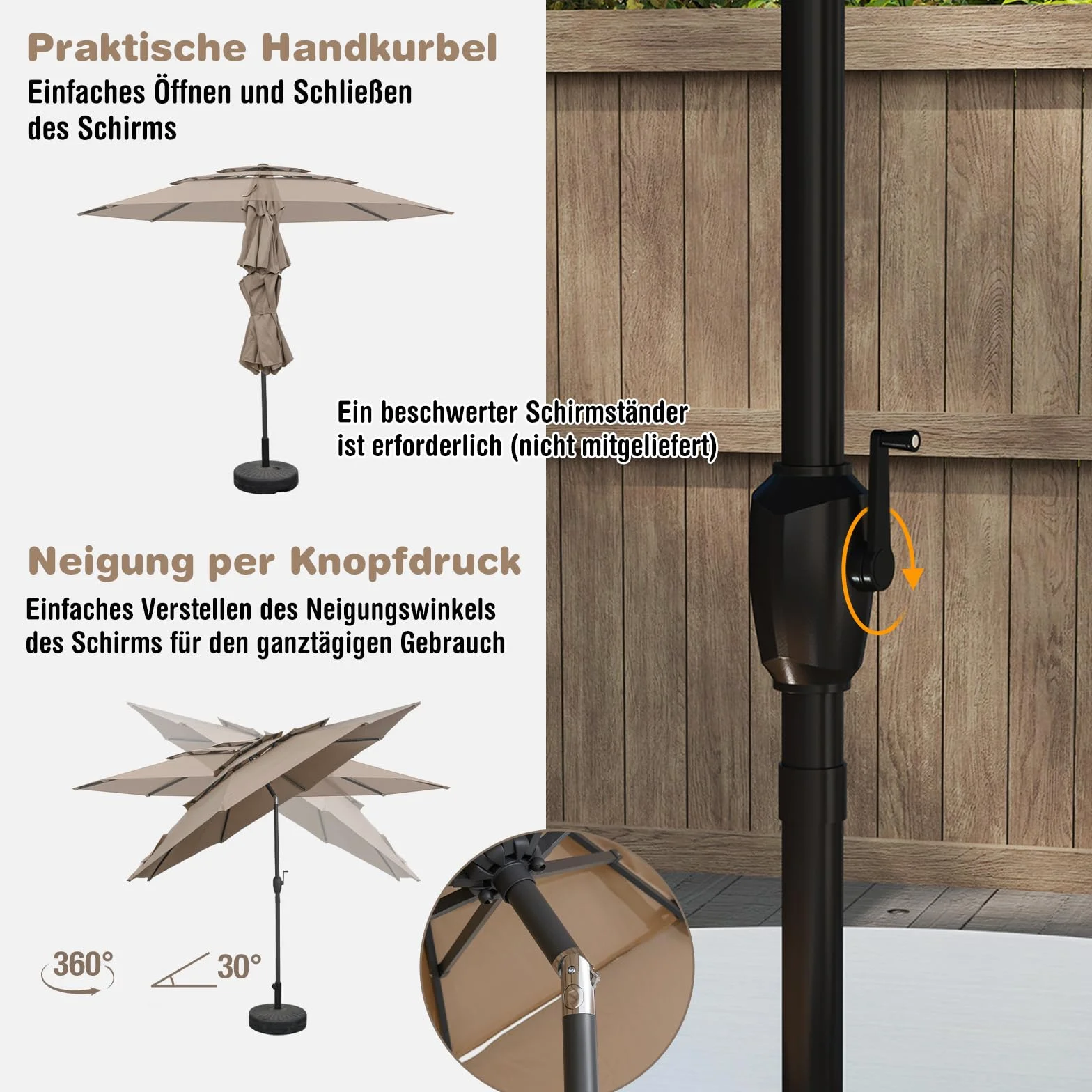 COSTWAY Parasol przeciwsłoneczny, odporny na wiatr, stabilny, 300 cm, parasol ogrodowy z korbą, obustronnie zginany o 45°, ochrona przed promieniowaniem UV, ochrona przed słońcem, na taras, do ogrodu,