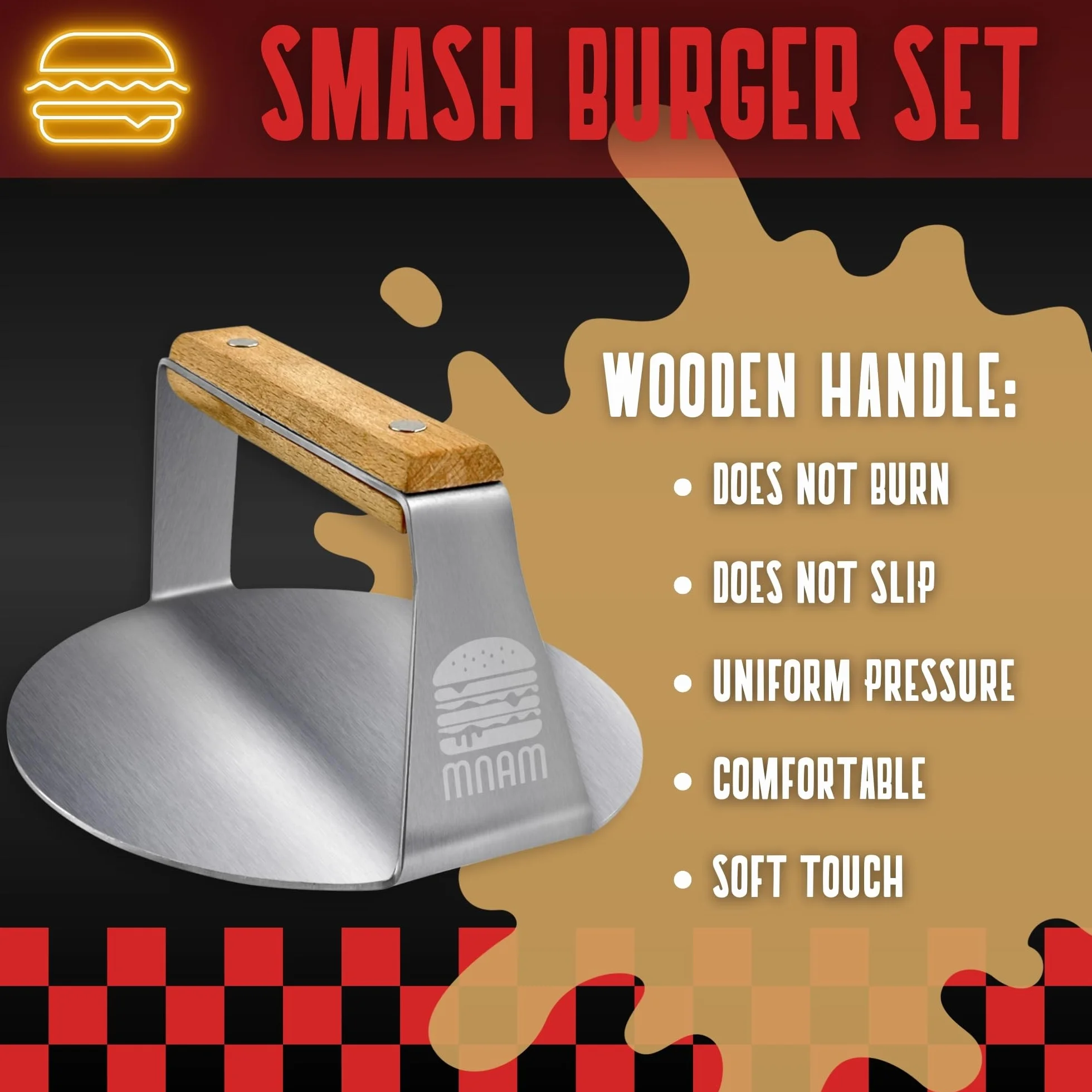 Prasa do hamburgerów Smash - stal nierdzewna, zestaw Smash Burger z łopatką, forma do hamburgerów do domu, idealny do grillowania i żelazka - profesjonalny Smasher drewniany uchwyt