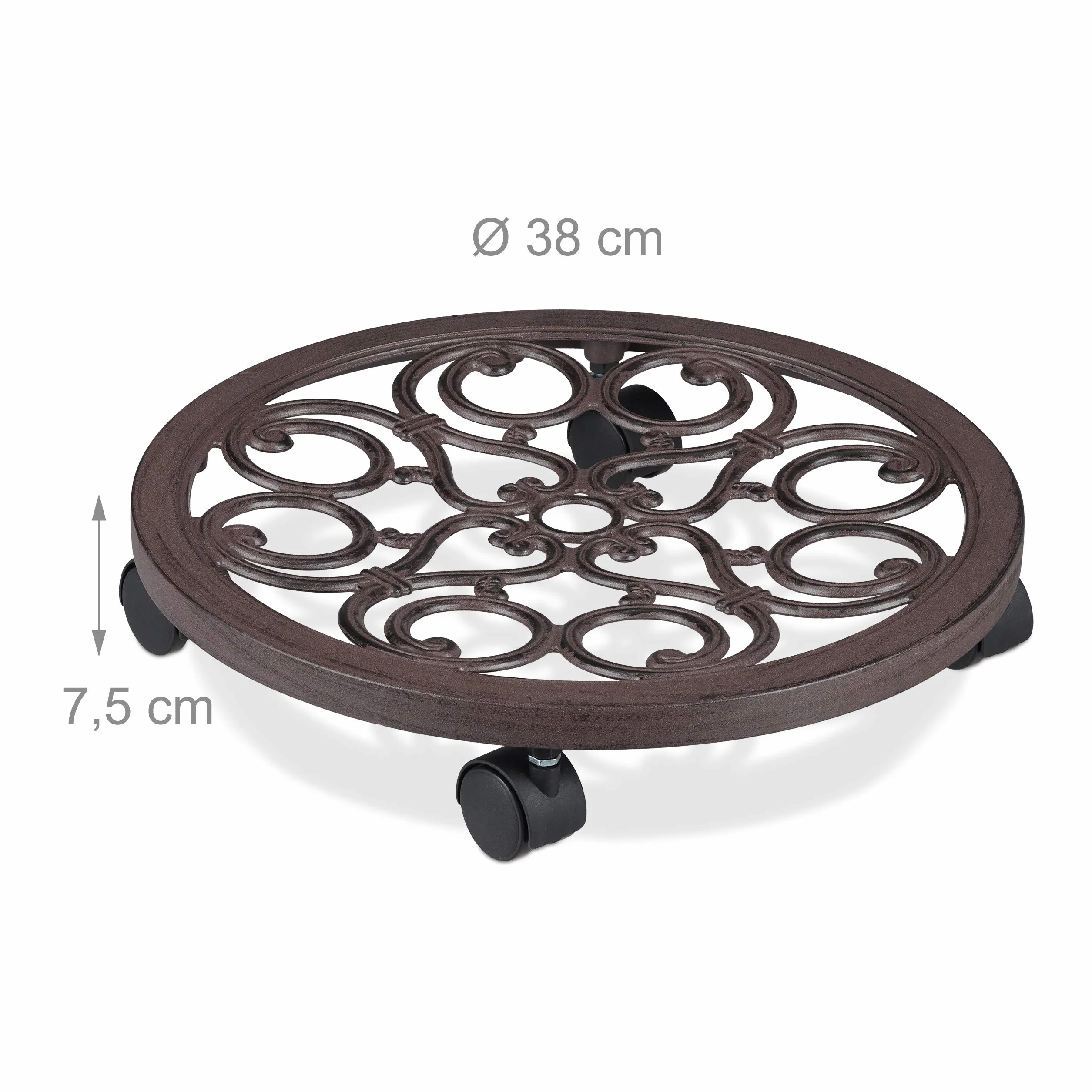 Relaxdays 2 x wałek do roślin, okrągły, metalowy, do użytku wewnątrz i na zewnątrz, antyczny, Ø 38 cm, podstawka pod doniczkę, kolor brązowy