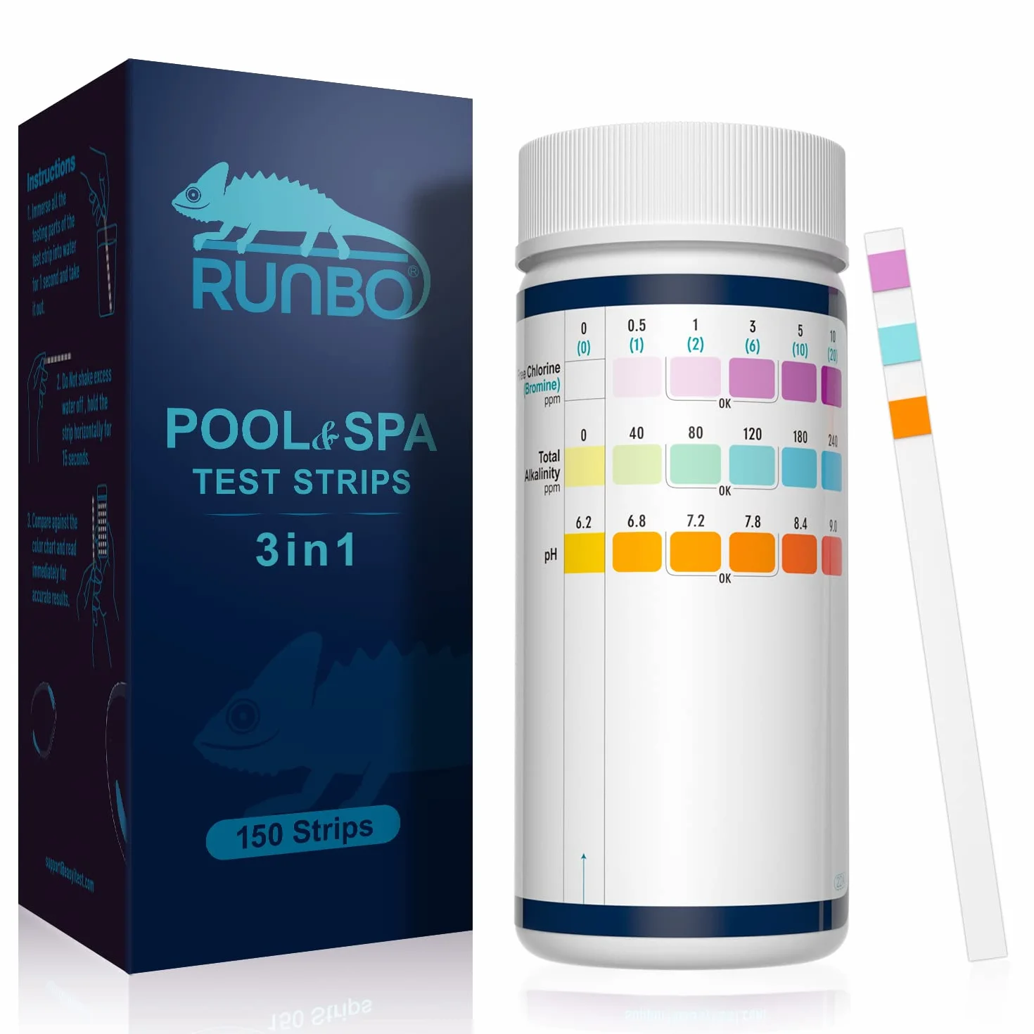 RUNBO 3 w 1 paski testowe do spa 150 drążków paski testowe zestaw do testowania wody Precyzyjny tester chemiczny dla wolnego chloru Brom Alkaliczność pH
