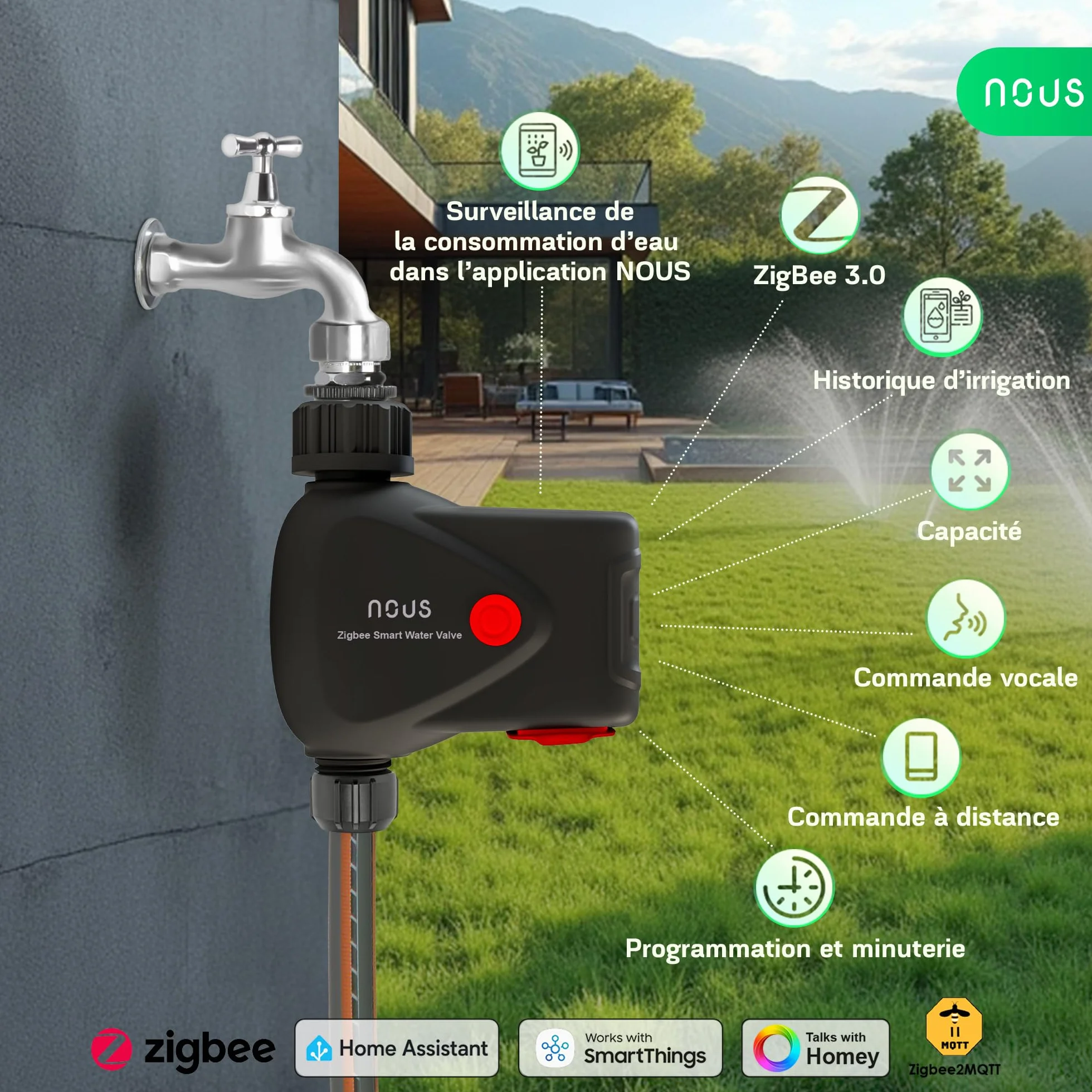 NOUS ZigBee inteligentny zawór kranowy, sterowanie nawadnianiem, IP66, kompatybilny z Alexa, Google Assistant, Smart Life, timerem i pilotem zdalnego sterowania z aplikacją, zasilanie bateryjne, 3/4