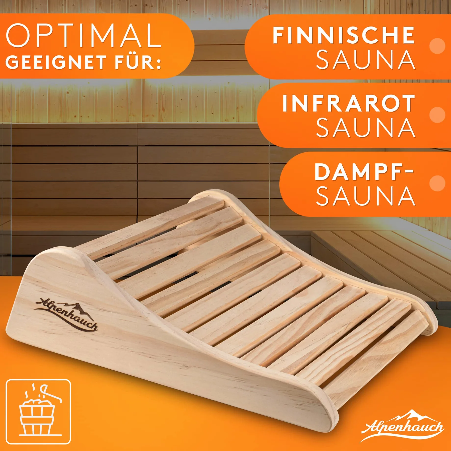 ALPENHAUCH Drewniany zagłówek do sauny [100% naturalne drewno] – ergonomiczny zagłówek do sauny z drewna – szlachetne akcesoria do sauny, kabina na podczerwień – wygodny i szeroki zagłówek do sauny i