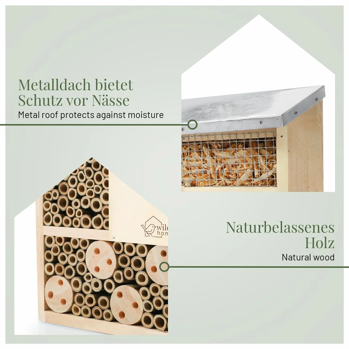 WILDLIFE HOME Hotel dla pszczół, domek dla owadów z metalowym dachem, nieobrabiany, z litego drewna dla pszczół, biedronek i muszek włoskich, domek dla owadów, pomoc dla lęgów, hotel dla owadów do