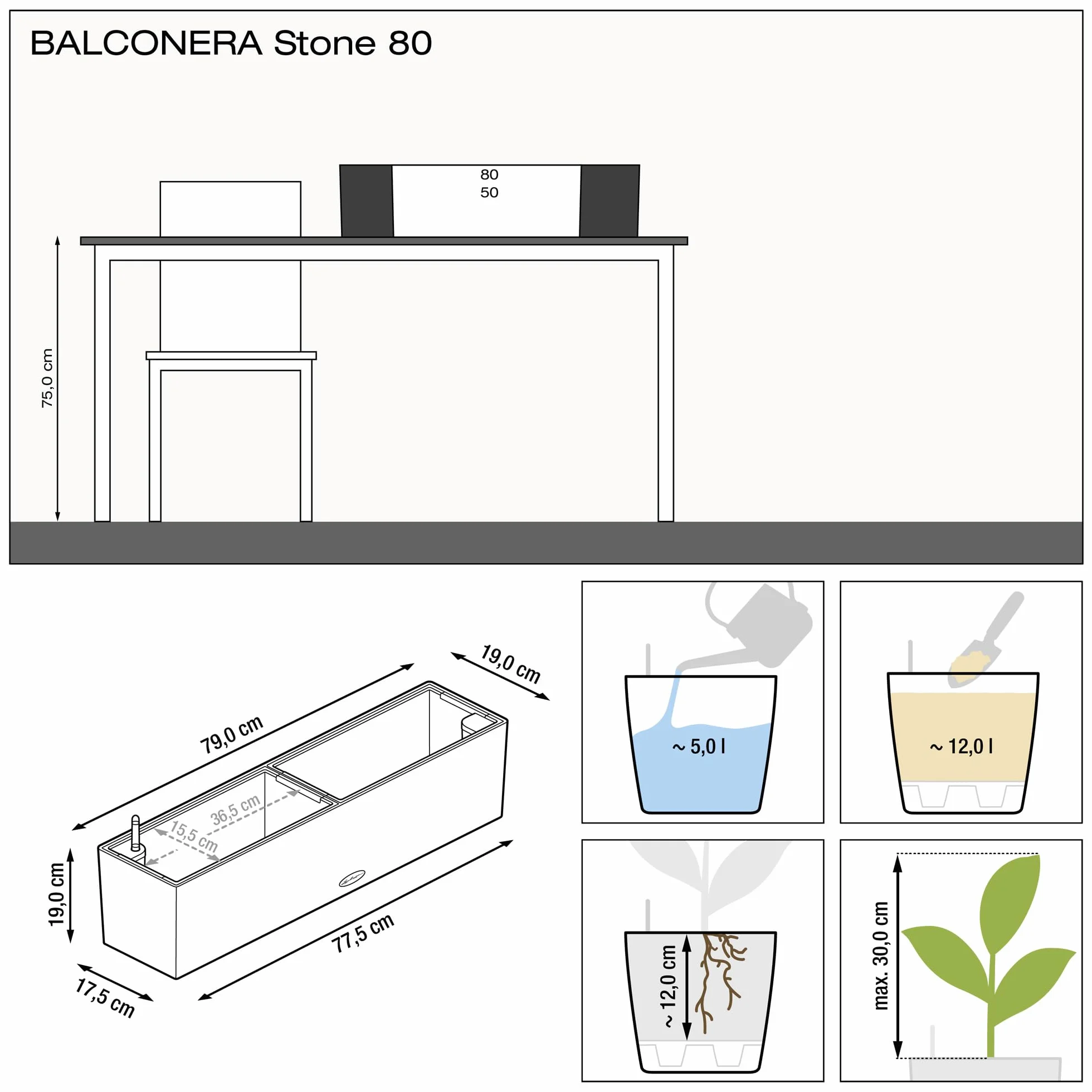 Lechuza Balconera Donica z Systemem Nawadniania, Beżowy, 19 x 79 x 19 cm