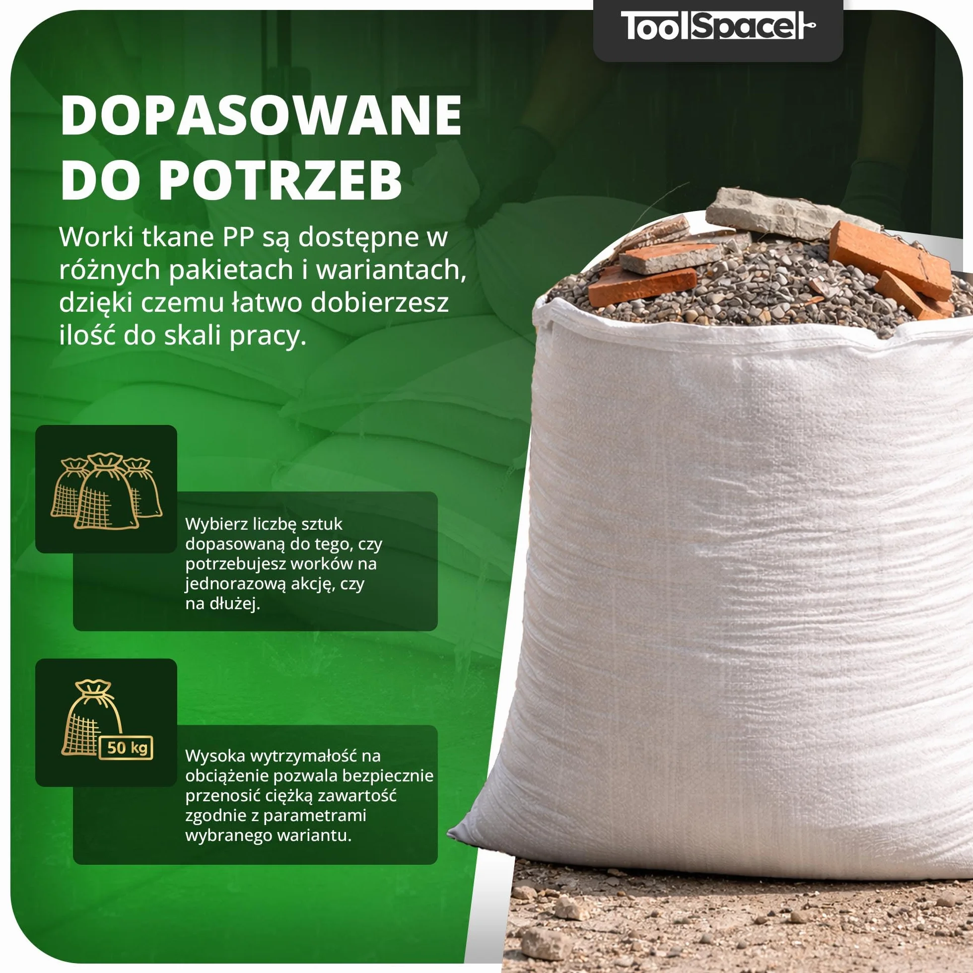 ToolSpace Worek polipropylenowy 105x65 cm 50 kg Worki transportowe