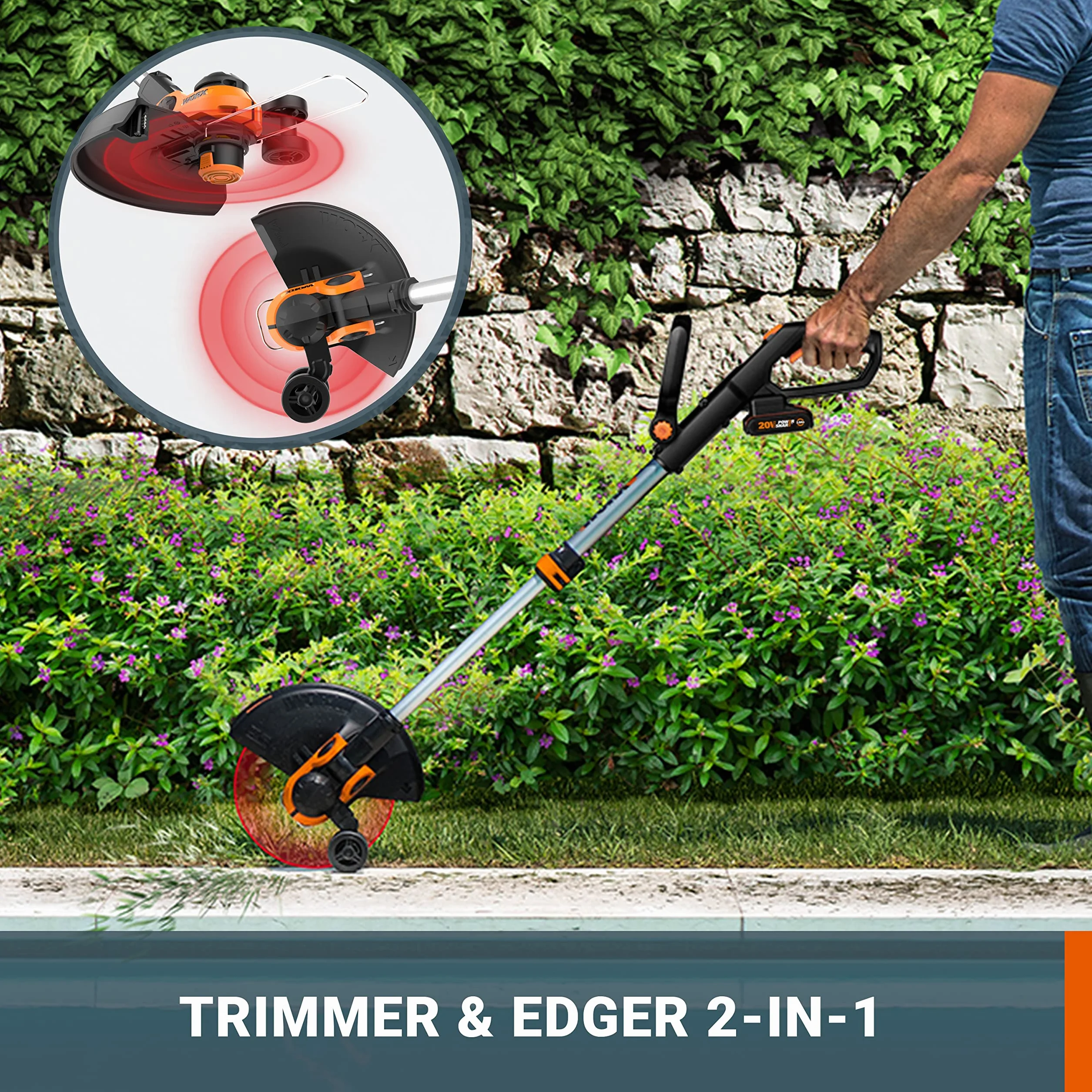 WORX WG163E.2 Akumulatorowa podkaszarka do trawy 20 V, podkaszarka 2 w 1 z głowicą obrotową 90°, średnica cięcia 30 cm, uchwyt teleskopowy (w tym akumulator 2 Ah i ładowarka)
