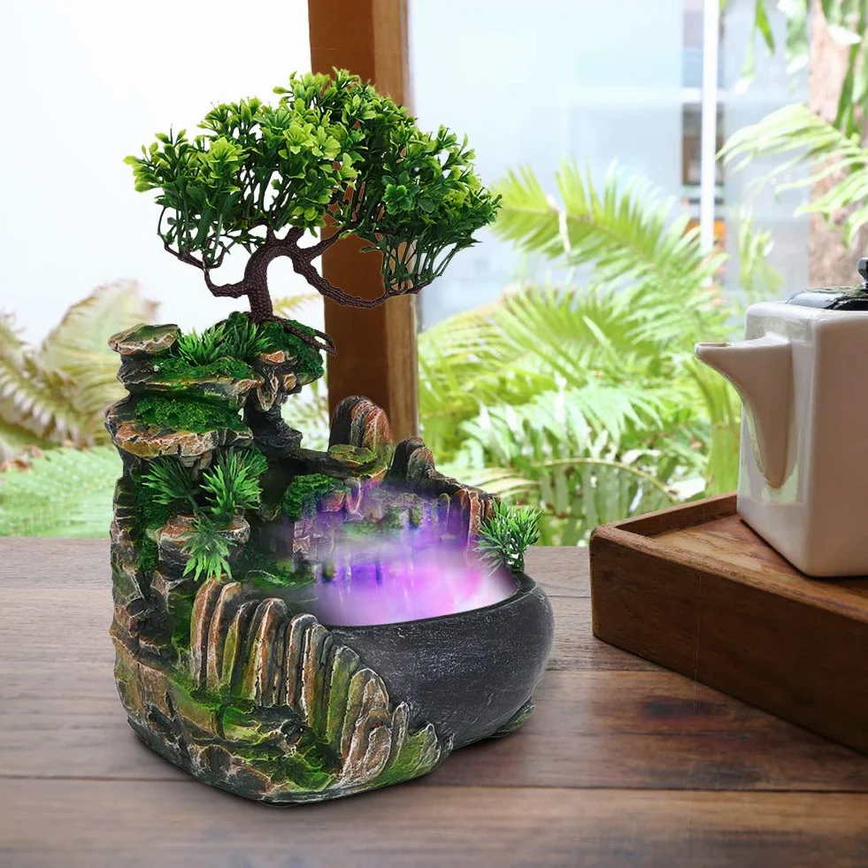 Fontanna Do Pomieszczeń Gardin Z Oświetleniem LED - Wodospad Stołowy Z Mgłą, Akwariowa Z Żywicy, Do Wnętrz Zen Light Z Roślinami