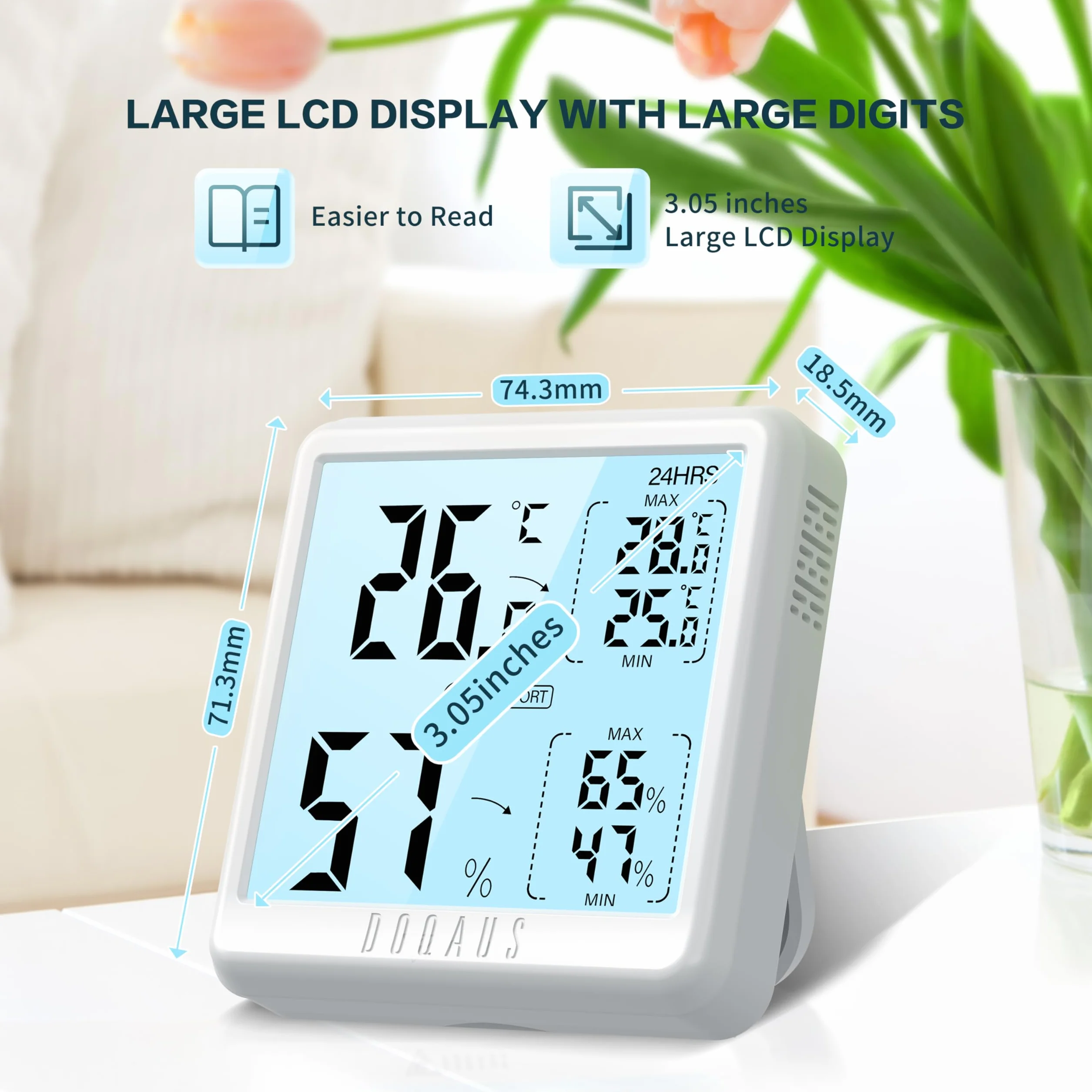 DOQAUS Cyfrowy Termometr Wewnętrzny Higrometr Profesjonalny Termo-higrometr środowiskowy z Dużym Ekranem LCD, 5s Szybka Reakcja na Pomiar Temperatury i Wilgotności dla Domu i Biura