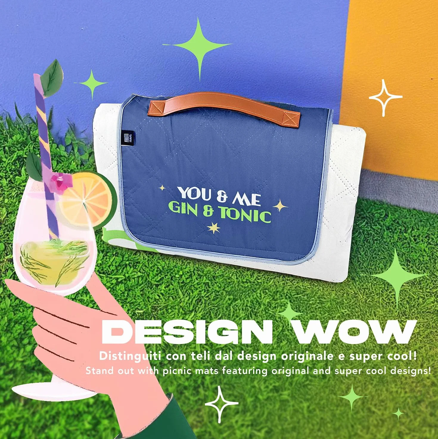 Wodoodporny Koc Piknikowy dla Dorosłych 200x200 - Duży Ręcznik na Piknik Plaża Ogród Góra Park dla Rodzin - Przenośny i Składany Grający Kempingowy Dywan (Gin Tonic, 200x200)