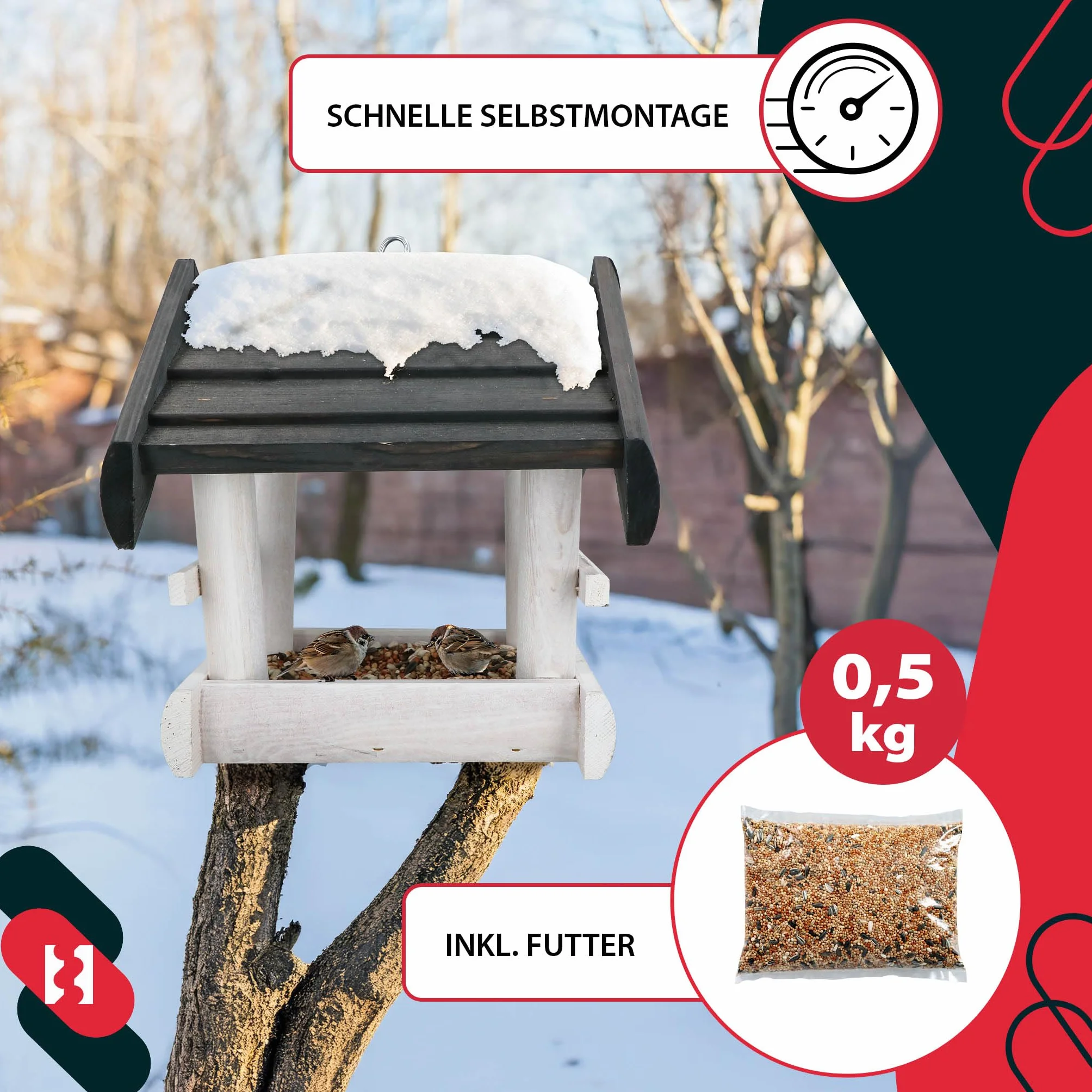KOTARBAU® Karmnik dla Ptaków Drewniany z Daszkiem Biały Antracyt + Karma 0,5 kg