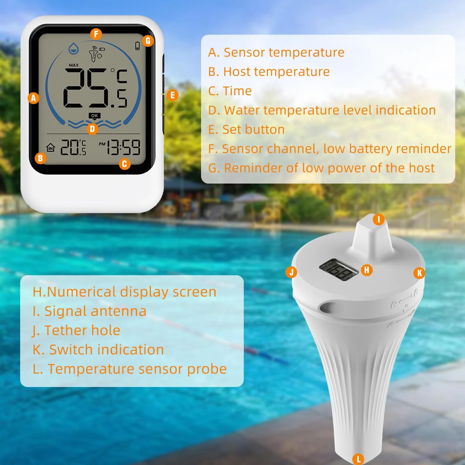 Temperatura w wannie z hydromasażem, termometr do basenu, wodoodporny termometr klasy IP68, pływający z bezprzewodowym wyświetlaczem, akcesoria basenowe do basenu, wanna z hydromasażem