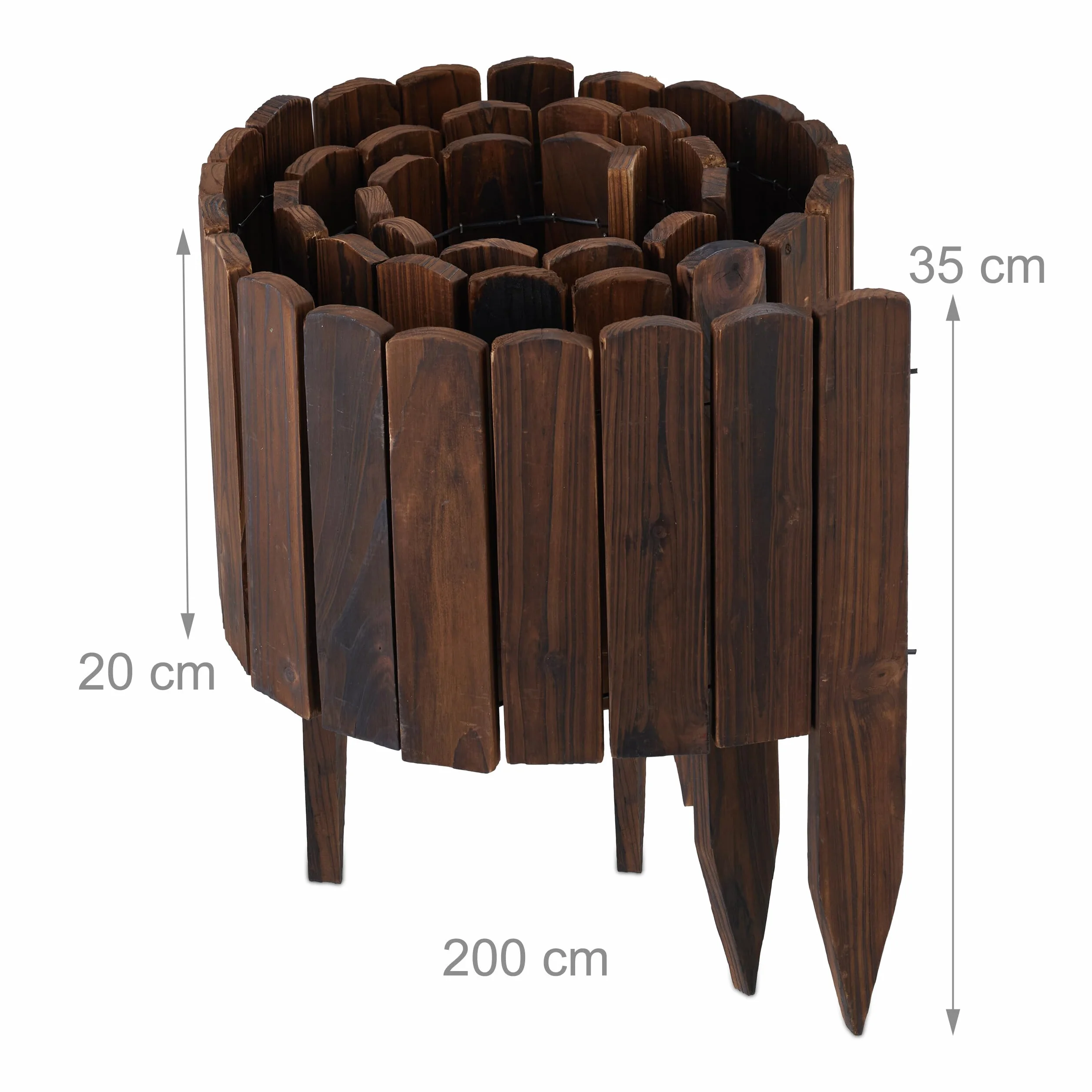Relaxdays Obramowanie rabatki, długość 200 cm, elastyczna, wysokość widoczności: 20 cm, do wtykania, drewno, ogrodzenie rabatowe, krawędź trawnika, ciemnobrązowe