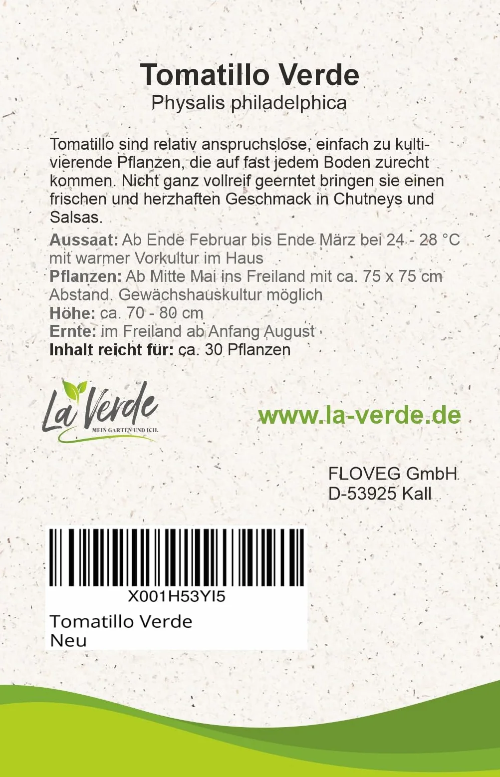 La Verde MEIN GARTEN UND ICH. Tomatillo Verde Physalis nasiona na ok. 30 roślin, Tomatillo Physalis, świeże pikantne, nasiona bez inżynierii genetycznej