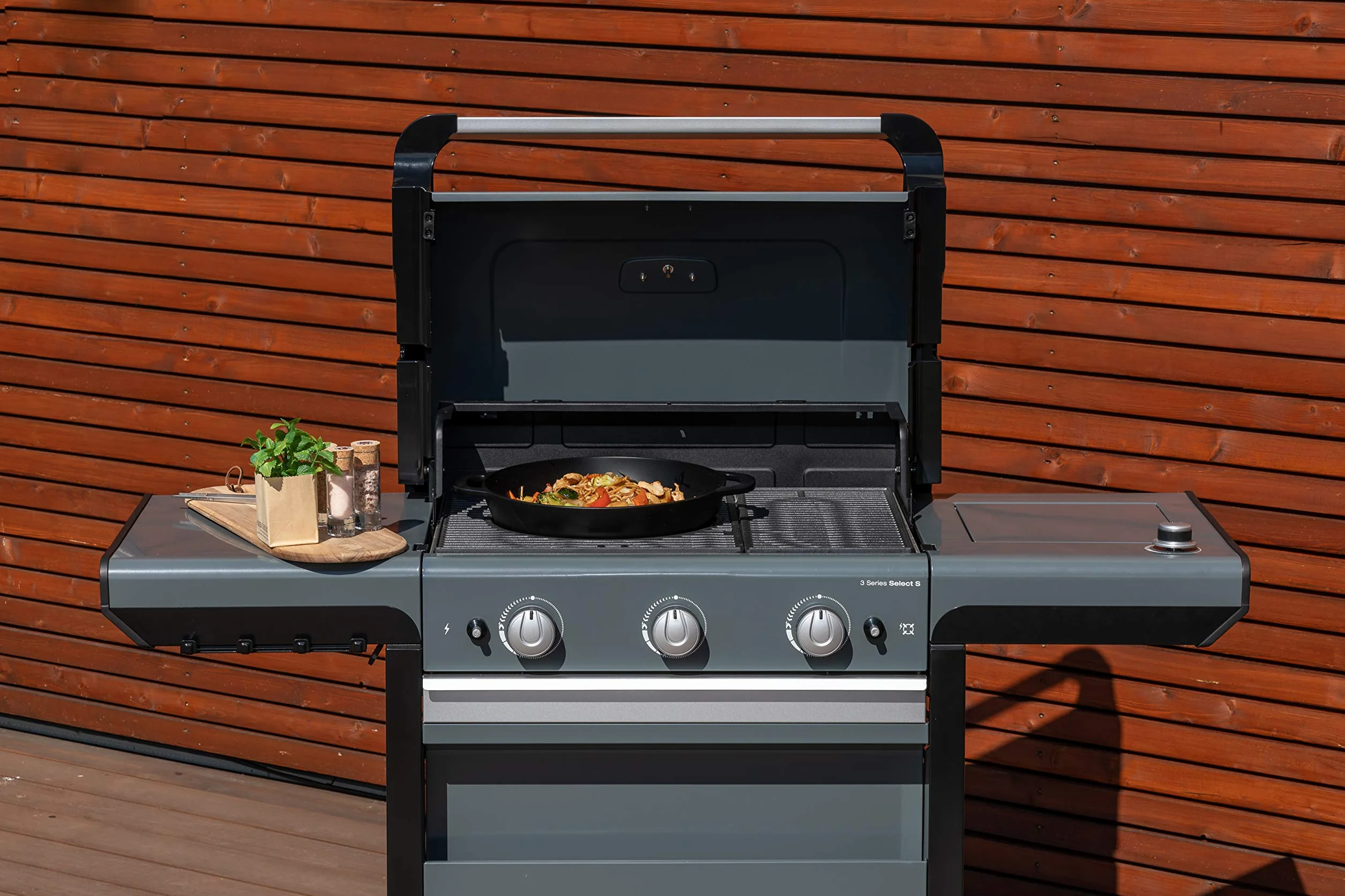 Campingaz Mandarin grill gazowy z systemem modułowym, nieprzywierająca patelnia żeliwna z uchwytami, Ø 32 cm, wysokość 12 cm, wok, akcesoria do grilla do azjatyckich potraw warzywnych, szary