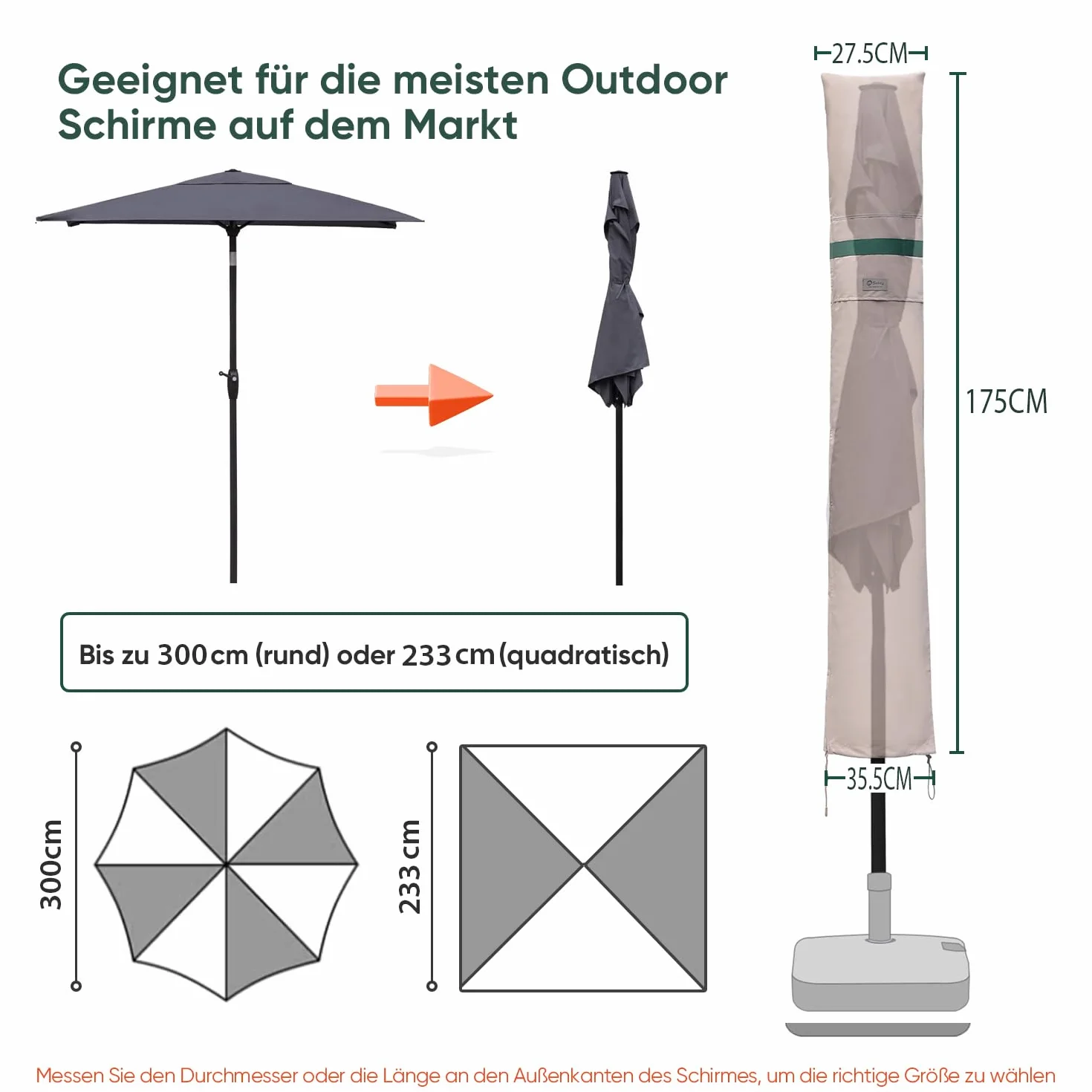 Pokrowiec ochronny Sekey na Ø 300 cm parasol, osłona parasola z kratkami wentylacyjnymi, 100% poliester, khaki.