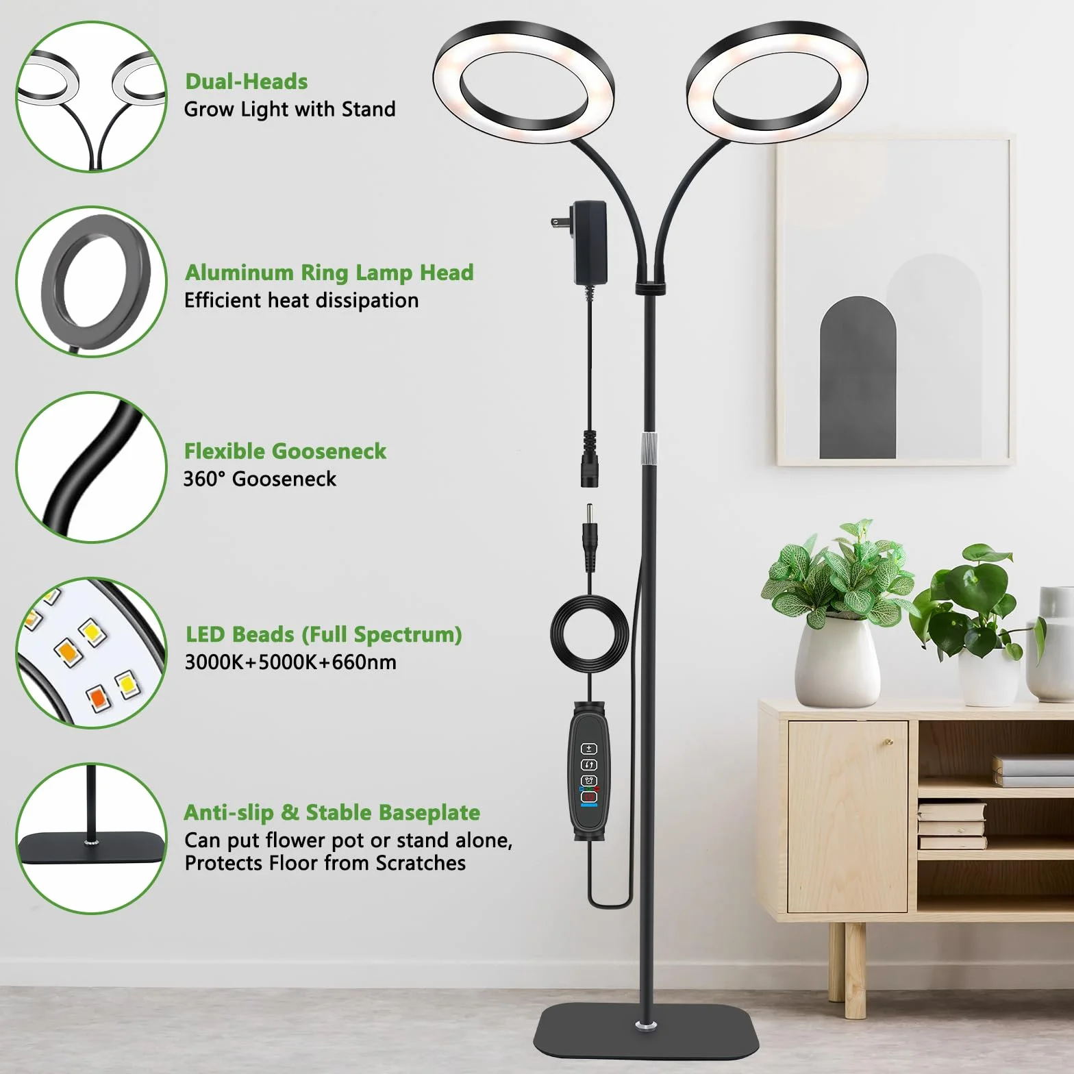Niello Lampa do uprawy roślin ze stojakiem, 2 głowice LED do roślin pokojowych, pełne spektrum, automatyczne włączanie/wyłączanie, timer 3/9/12h, 10 stopni ściemniania, regulowana wysokość dla dużych