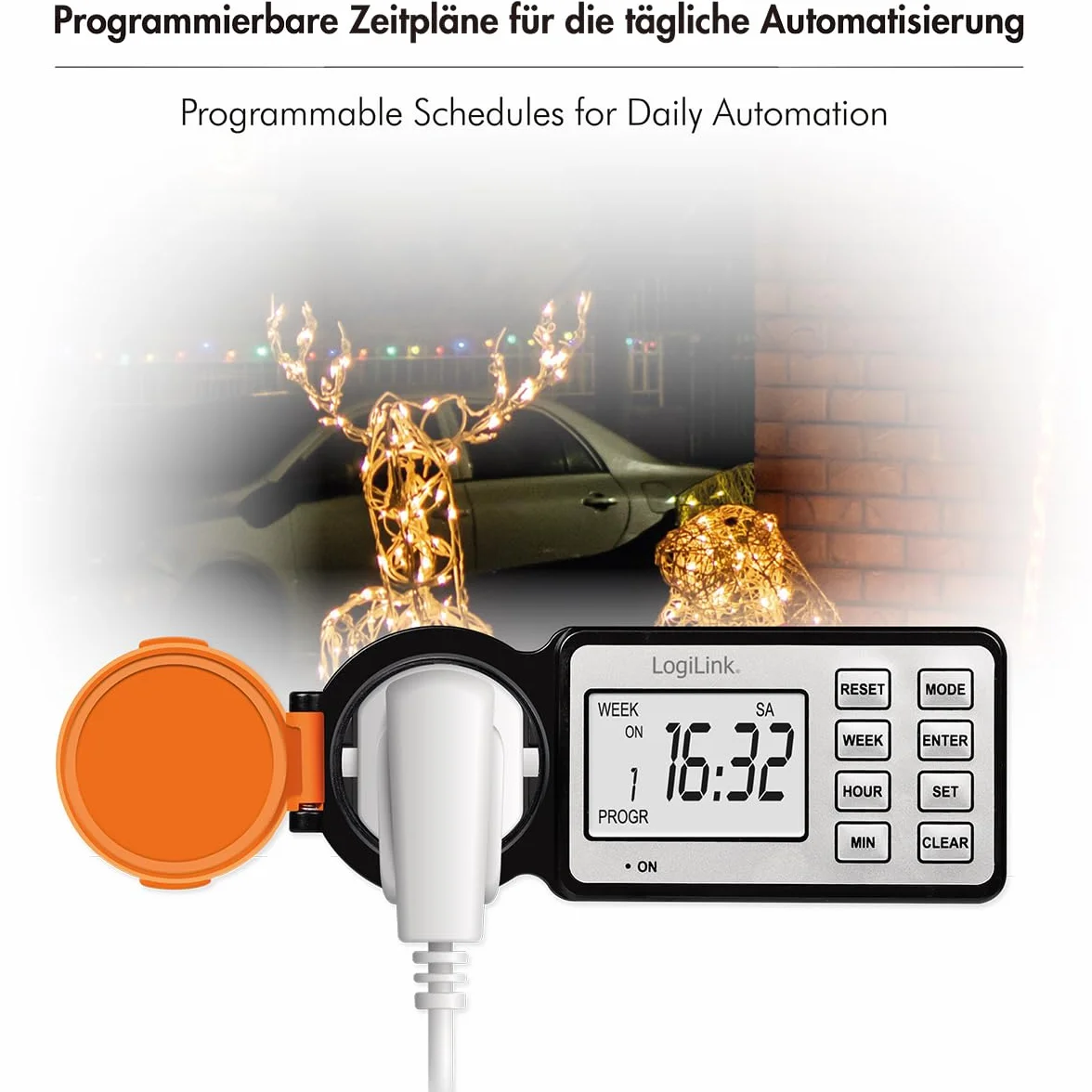 LogiLink ET0016 – zewnętrzny programator czasowy z 12 programami i timerem, wyświetlacz 2,2", klasa ochrony IP44, 3600 W