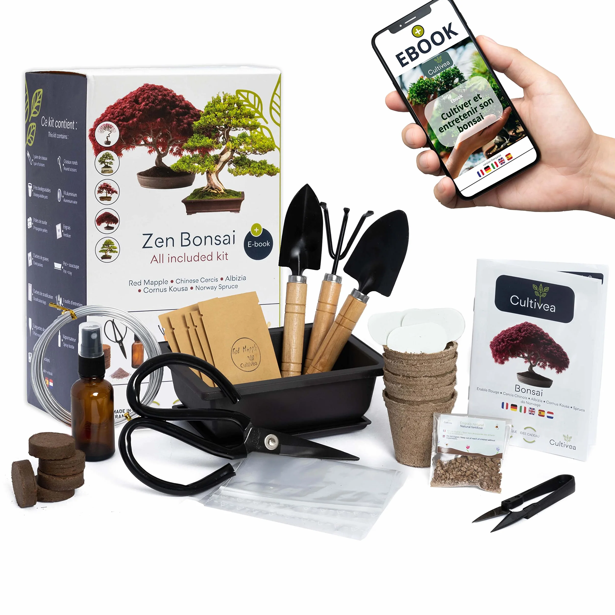 CULTIVEA® Gotowy do uprawy zestaw bonsai premium - ogród i dekoracja - pielęgnacja bonsai i naturalnych roślin - nić, nawóz, narzędzia, okrągłe nożyczki, małe nożyczki bonsai - oryginalny pomysł na