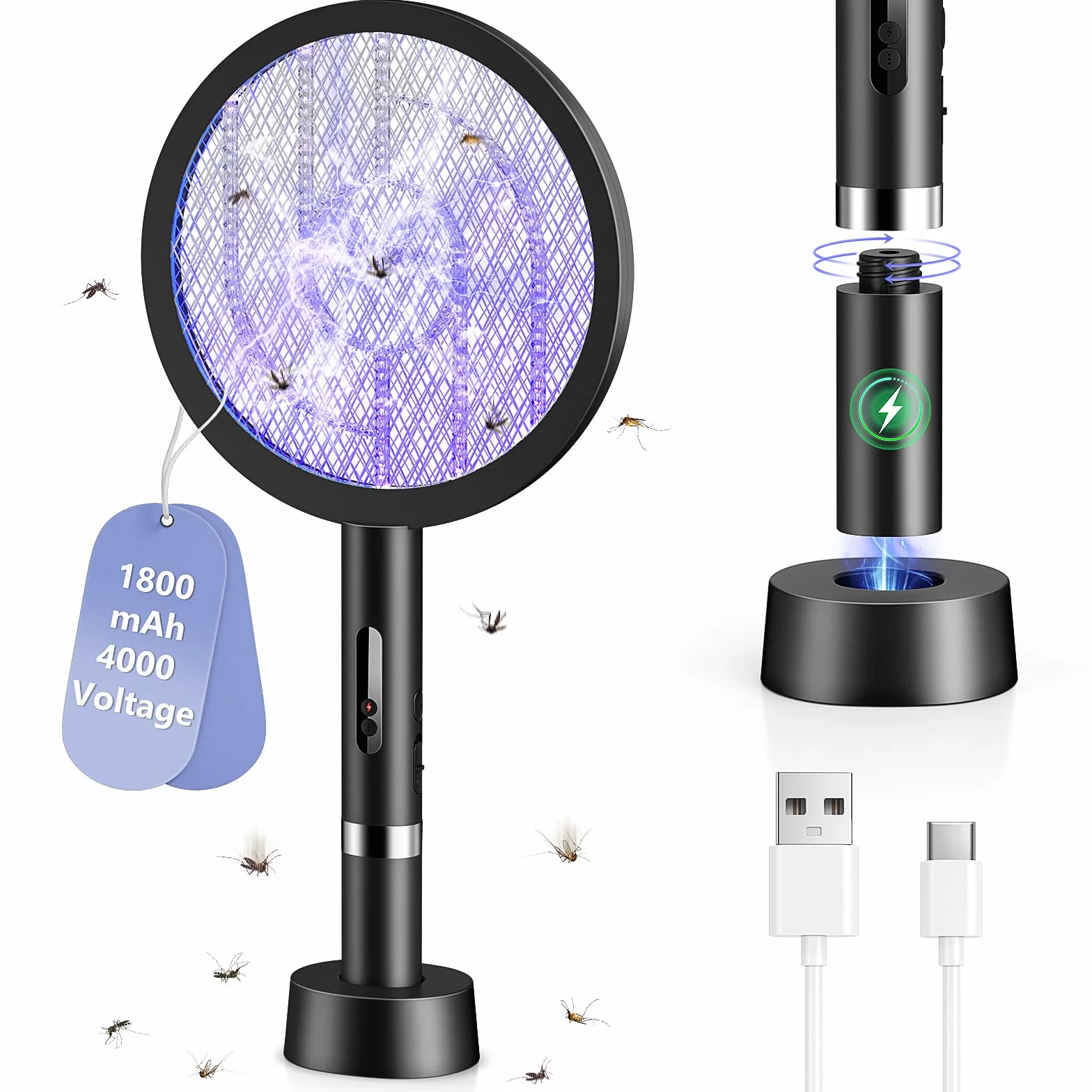 2 w 1 Packa na Muchy Elektryczna, 4000 V Ekstra Mocna Elektryczny Swatter, 3 Warstwową Siatką Bezpieczeństwa 1800mah USB Ladowalny Łapacz much, Fly Swatter do Sypialni i Pokoi Dziecięcych
