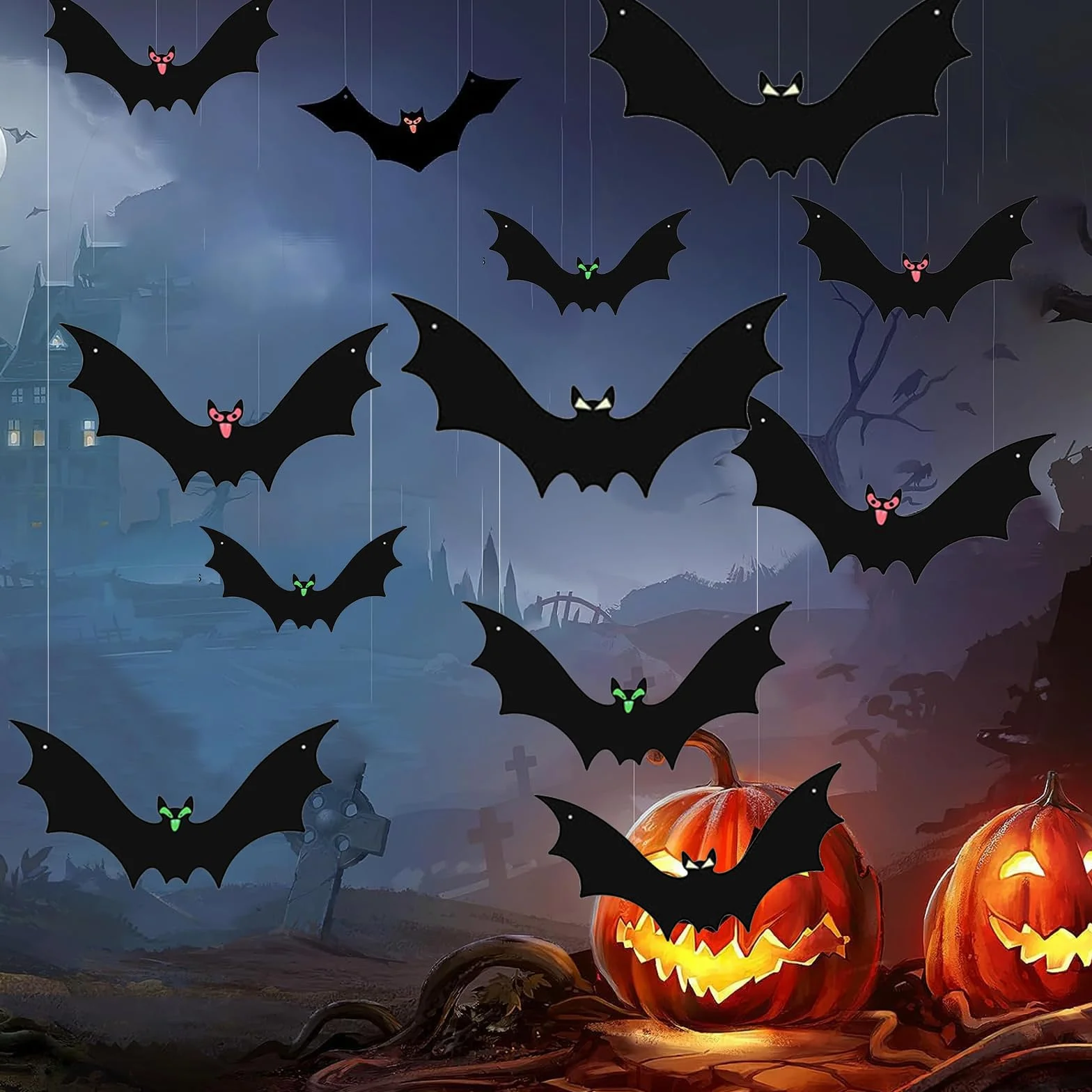 Dekoracje halloweenowe wiszące nietoperze, 12 szt. latający nietoperz ze świecącymi oczami i rolką sznurka do dekoracji halloweenowych na zewnątrz do ogrodu na imprezę podwórko drzewo wiszące