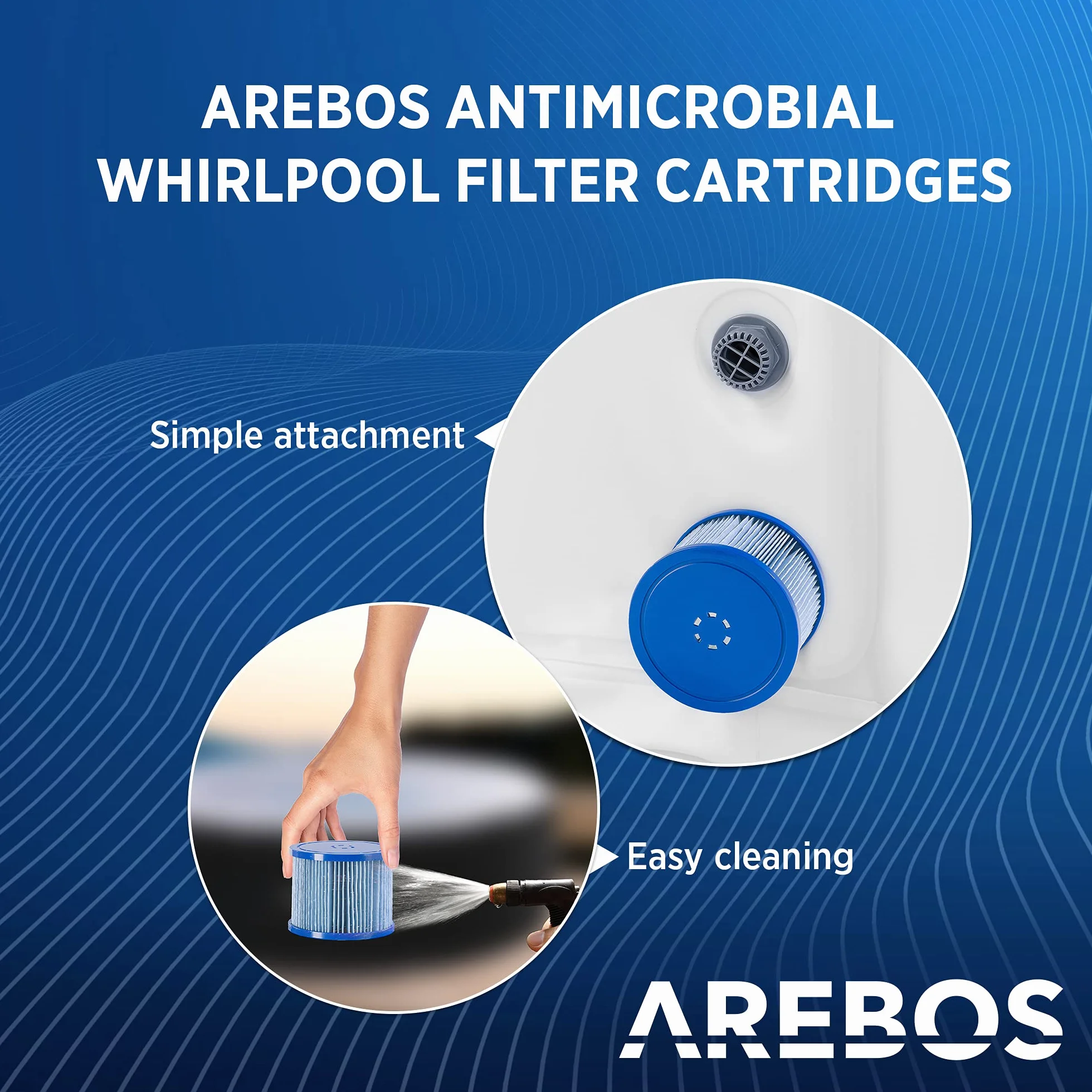 AREBOS Wkłady Flowclear | Filtr basenowy | 6X wkłady filtrujące do wanien spa z hydromasażem | Filtr antybakteryjny | Niebieski